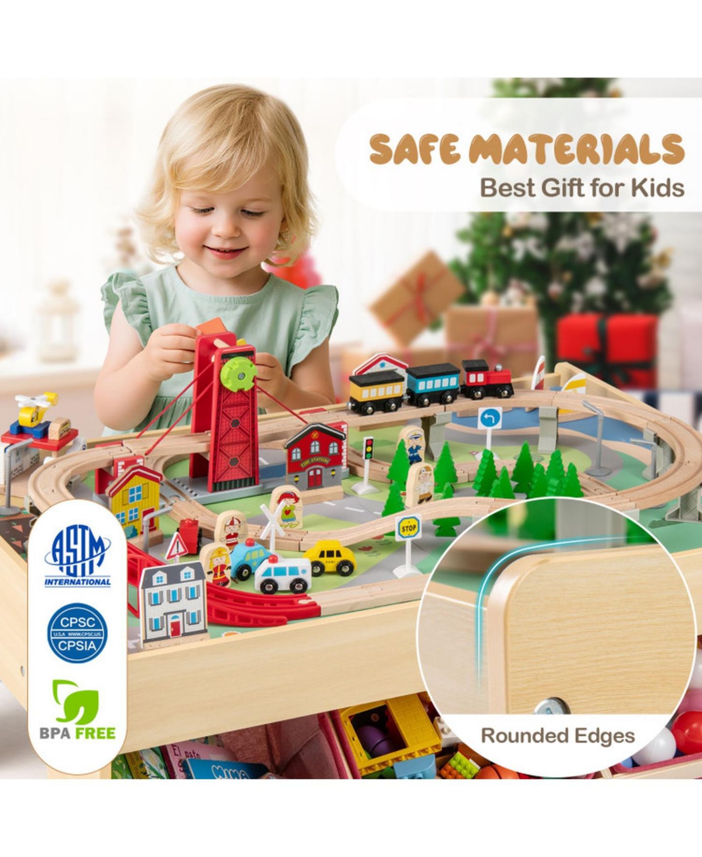 Детская игрушка HONGGE Reversible Wooden Train Table, цвет: Коричневый / Разноцветный — фото 4