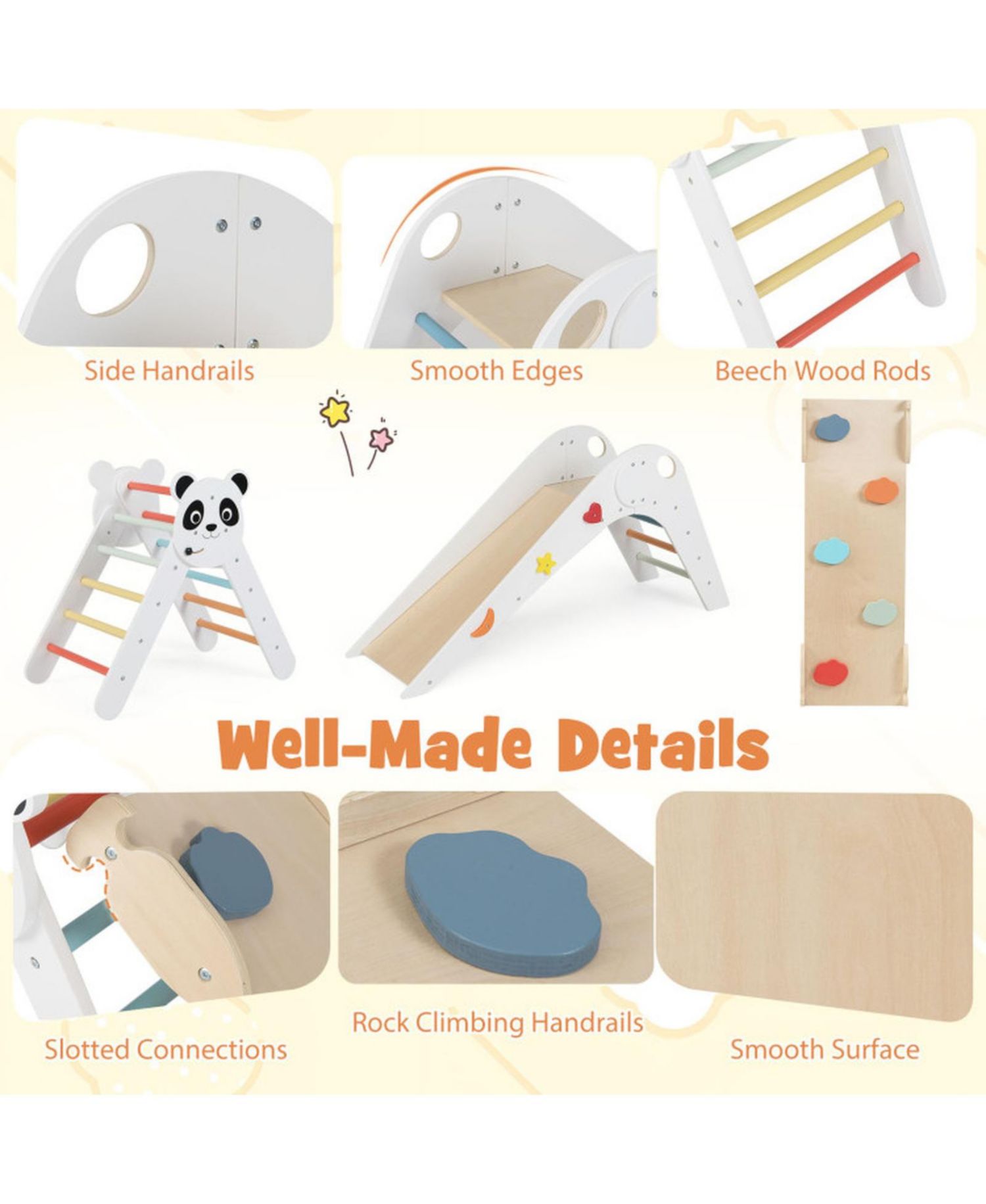Ages 3+ Montessori Foldable 3-Piece Climbing Triangle, Slide, and Balance Bridge Set