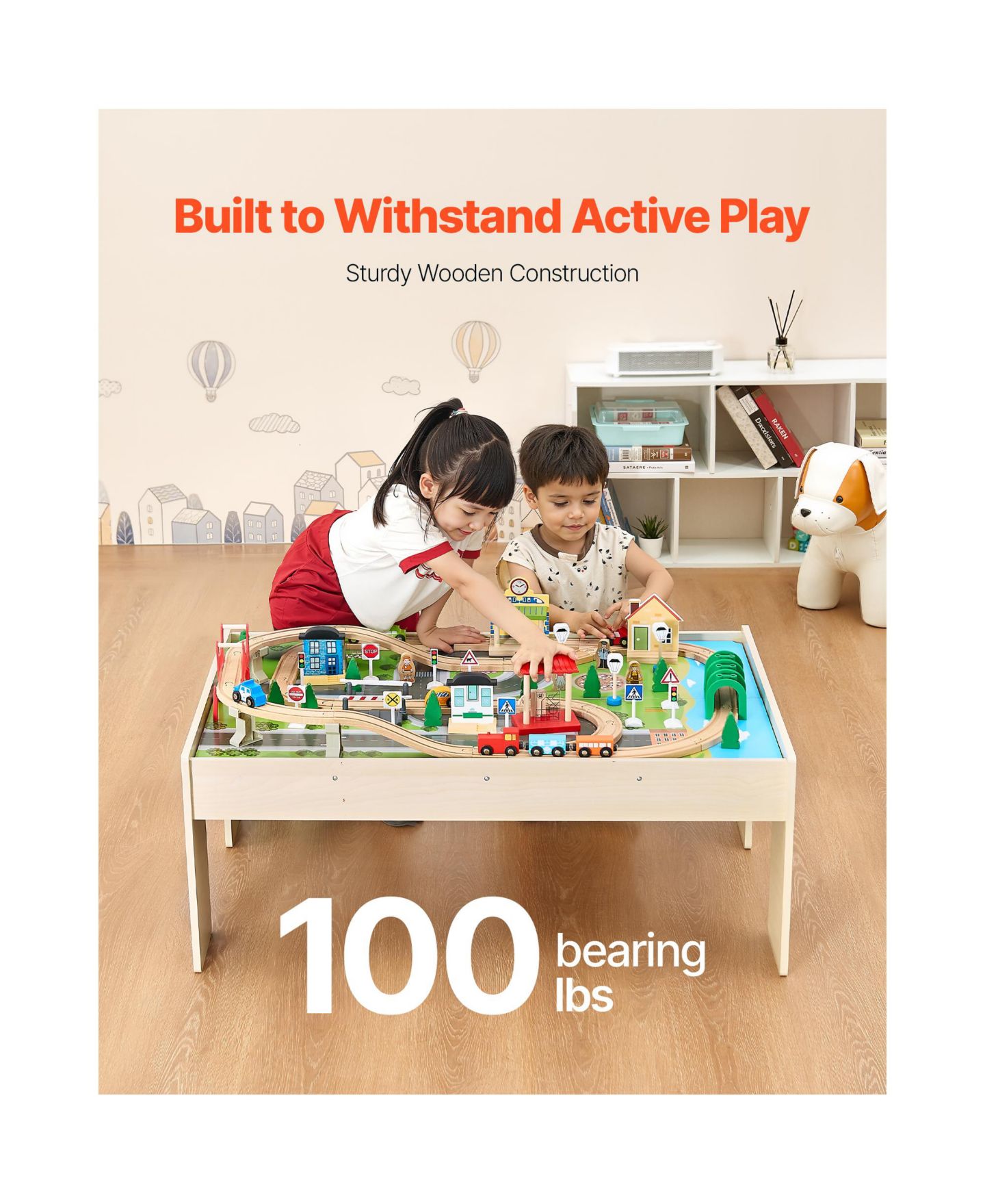 Детские игрушки HONGGE 84-Piece Reversible Tabletop Wooden Train Table with Collapsible Storage Bin, цвет: Зелёный / Коричневый — фото 4