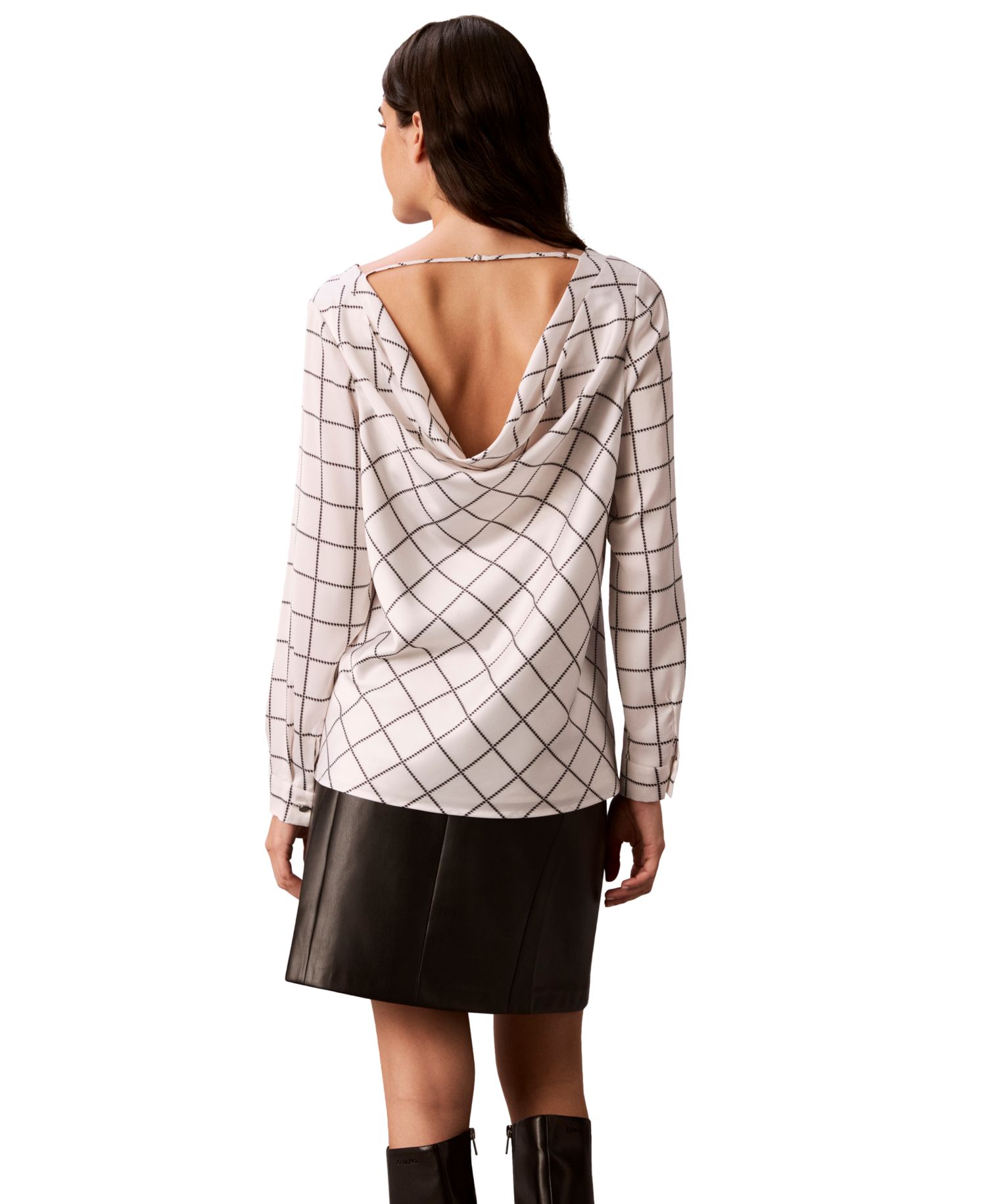 Women's Plaid Long-Sleeve Cowl-Back Blouse
