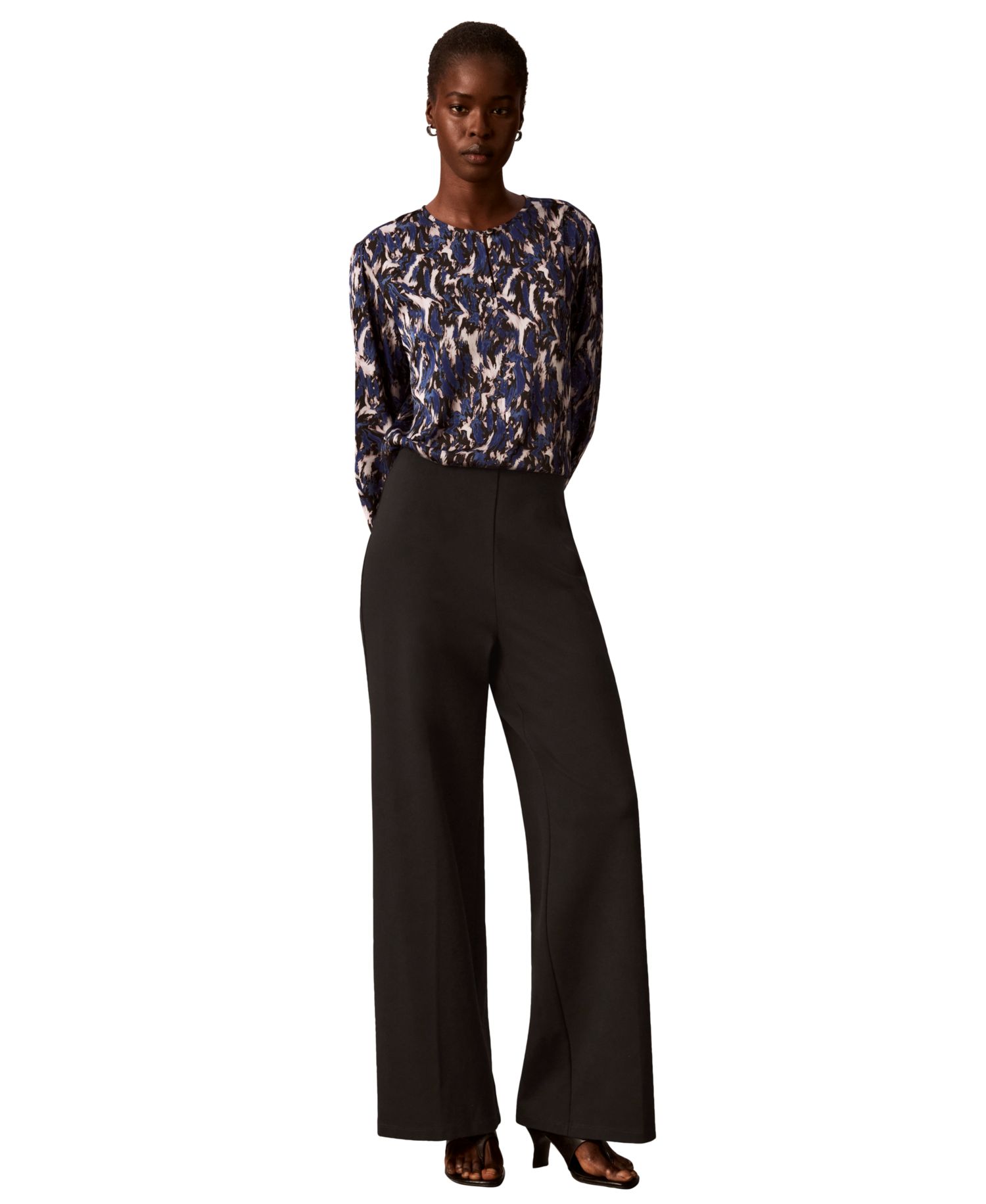 Women's Button-Front Long-Sleeve Crewneck Blouse