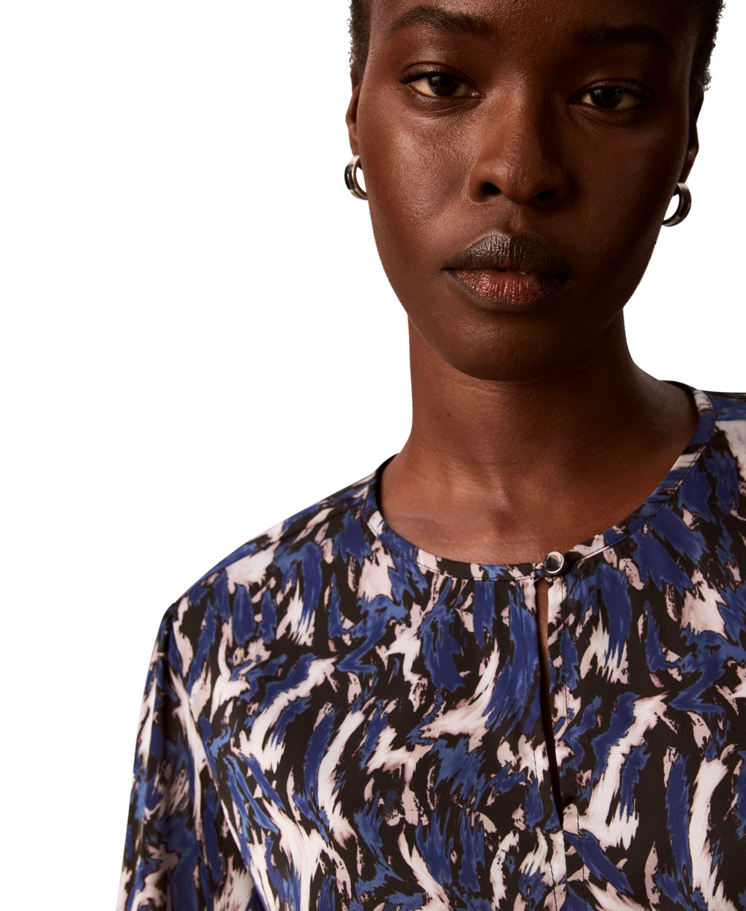Women's Button-Front Long-Sleeve Crewneck Blouse