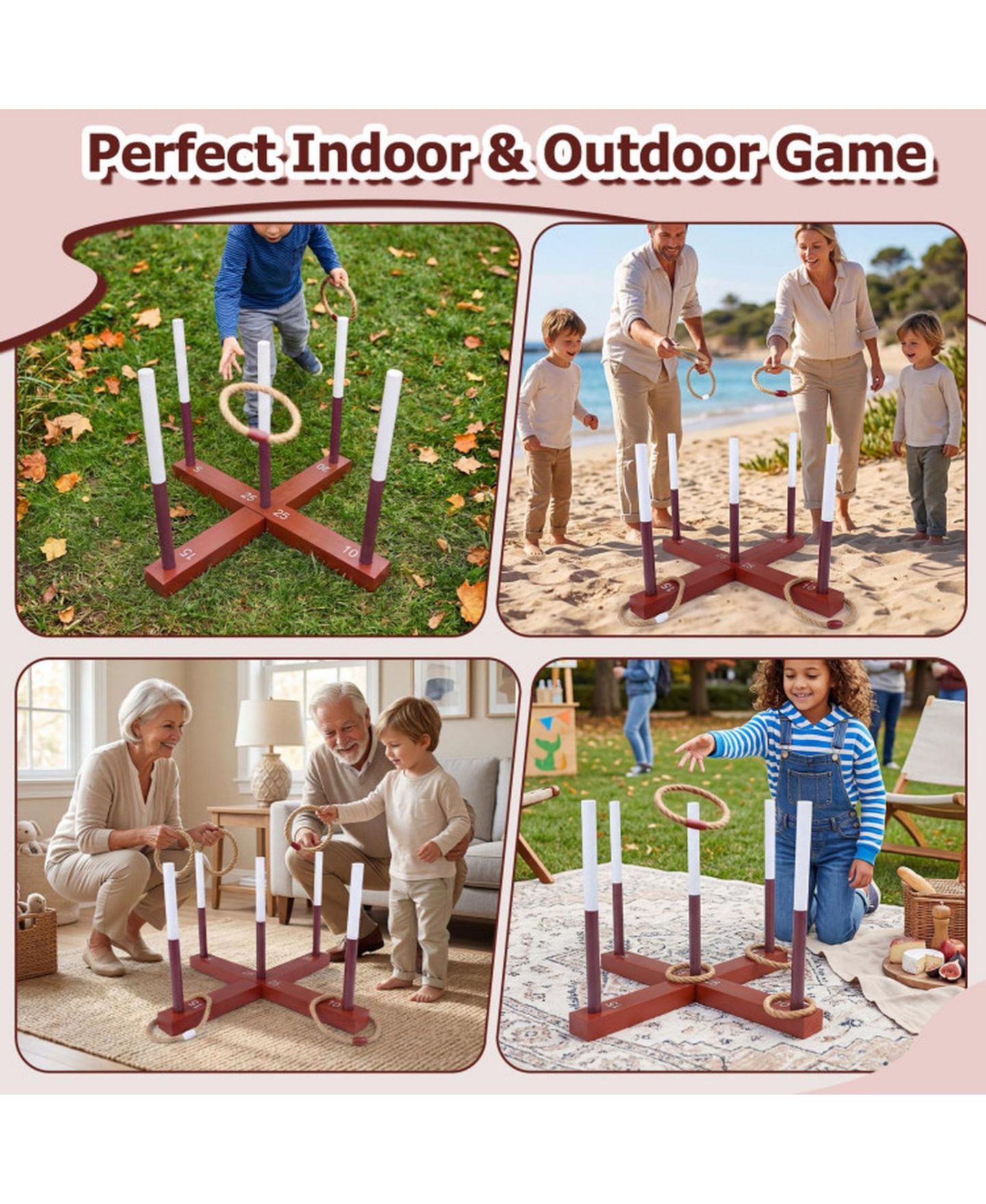 Детские игрушки HONGGE Wooden Ring Toss 24" x 24" Tool-Free Setup Yard Game with 6 Rope Rings and Storage Bag, Ages 3+, цвет: Коричневый — фото 8