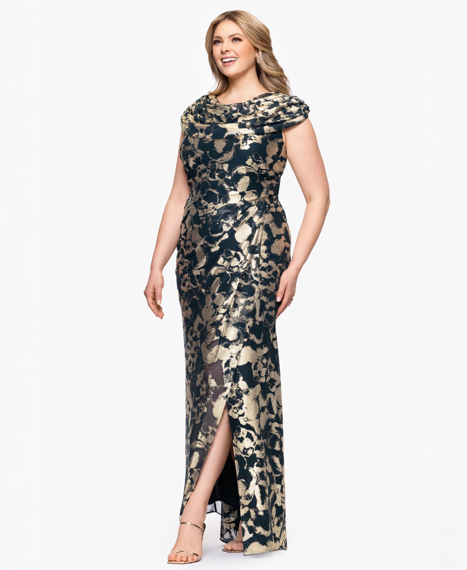 Plus Size Metallic Print Cowlneck Gown