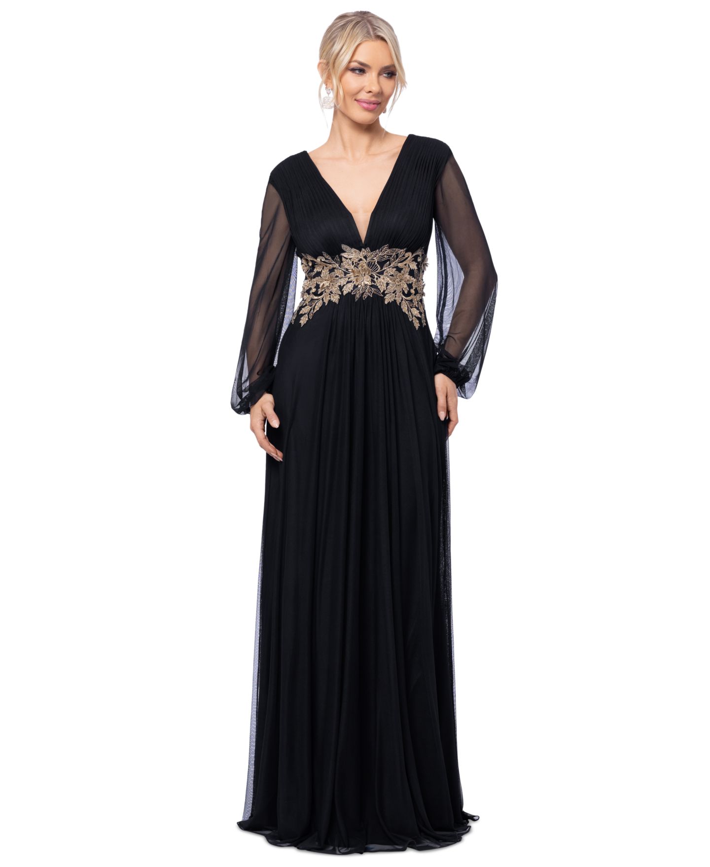 Женские платья Betsy & Adam Plus Size Floral-Applique Long-Sleeve V-Neck Gown, цвет: Чёрный золотой — фото 1