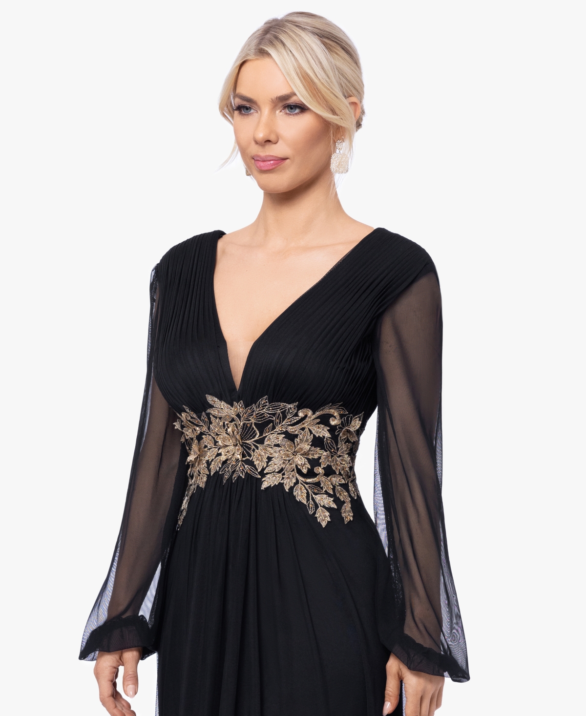 Betsy & Adam Plus Floral-Applique Long-Sleeve V-Neck Gown