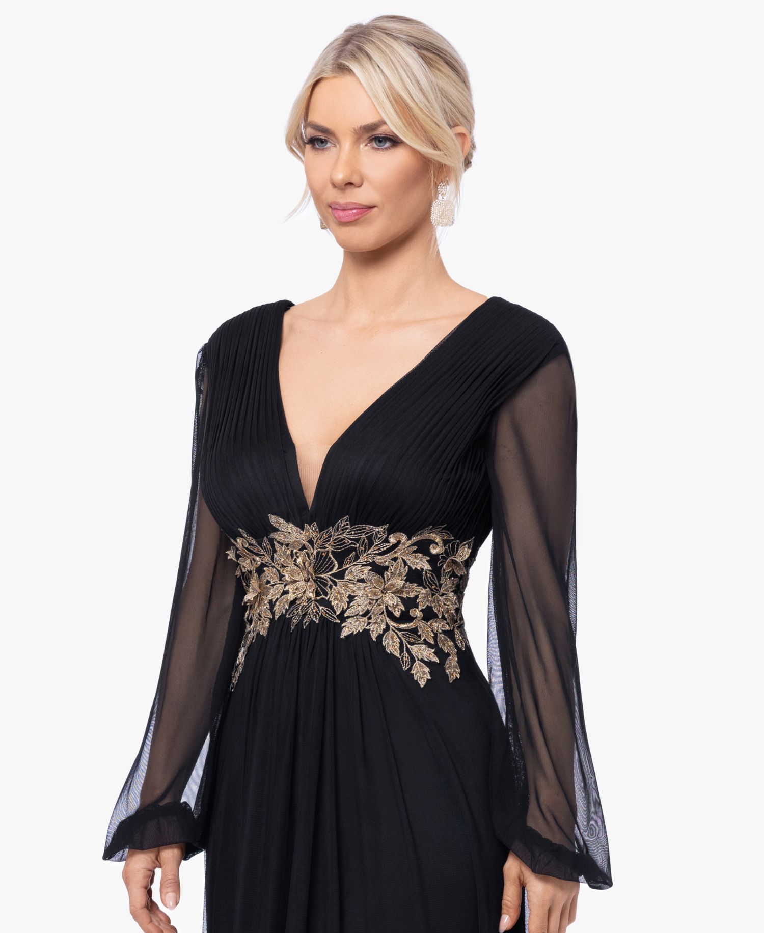 Plus Size Floral-Applique Long-Sleeve V-Neck Gown