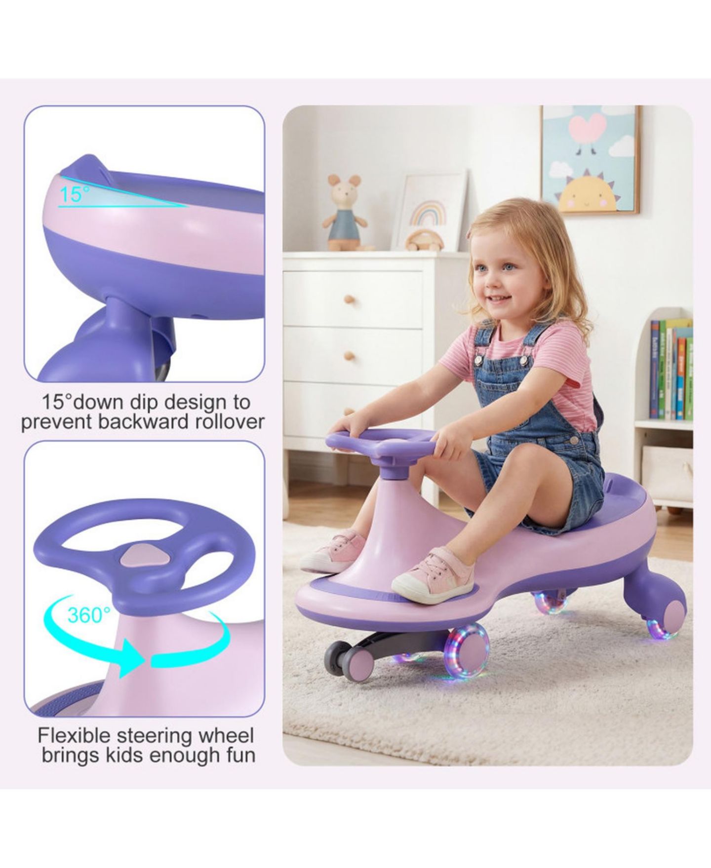 Детская игрушка HONGGE Wiggle Ride-On Car with Flashing Wheels & Anti-Tip Design, Ages 2+, цвет: Фиолетовый — фото 7