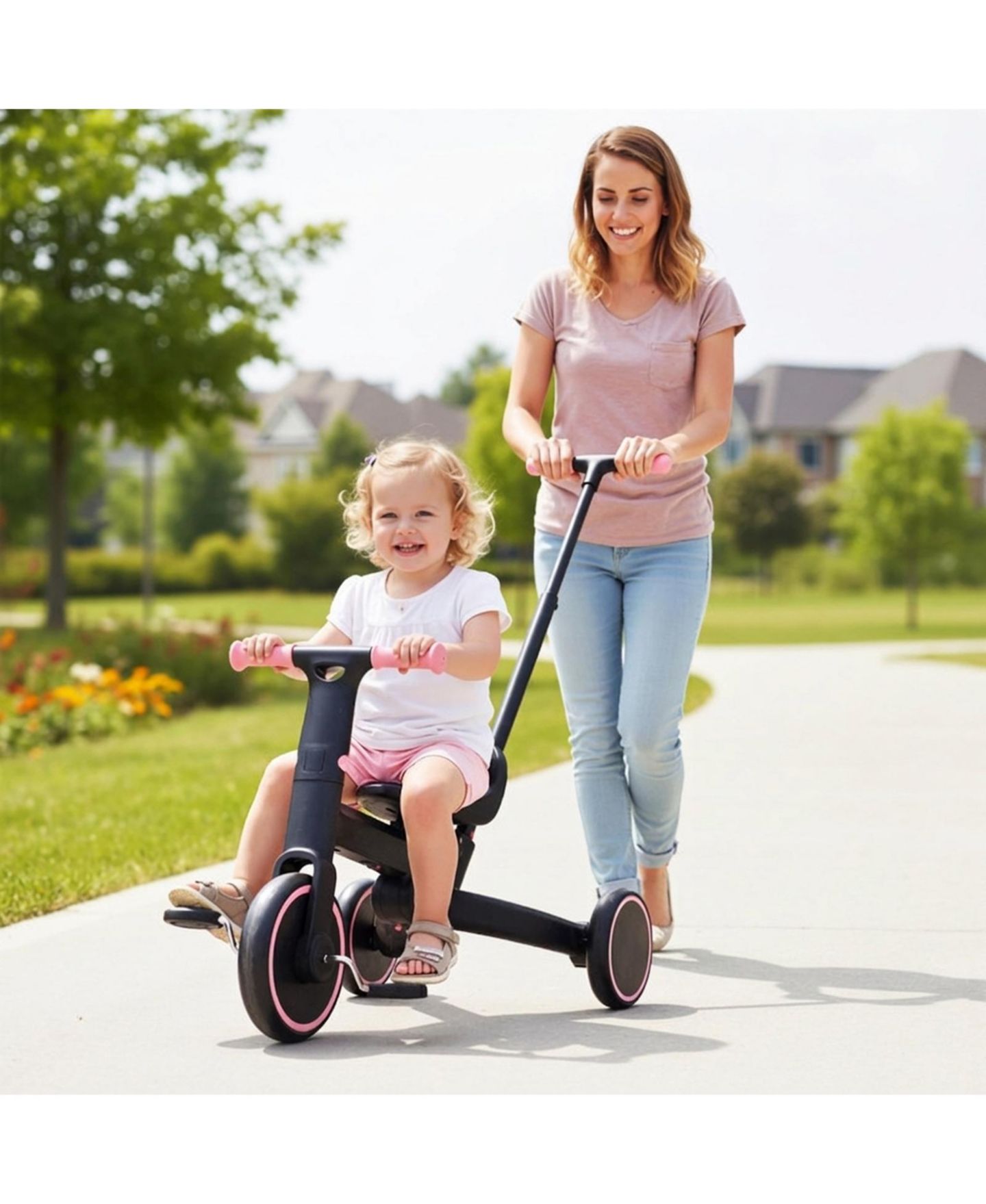 Детская игрушка HONGGE 4-in-1 Foldable Toddler Trike with Parent Push Handle, 55 lbs Capacity, Ages 18 Months–5 Years, цвет: Чёрный / Розовый — фото 2