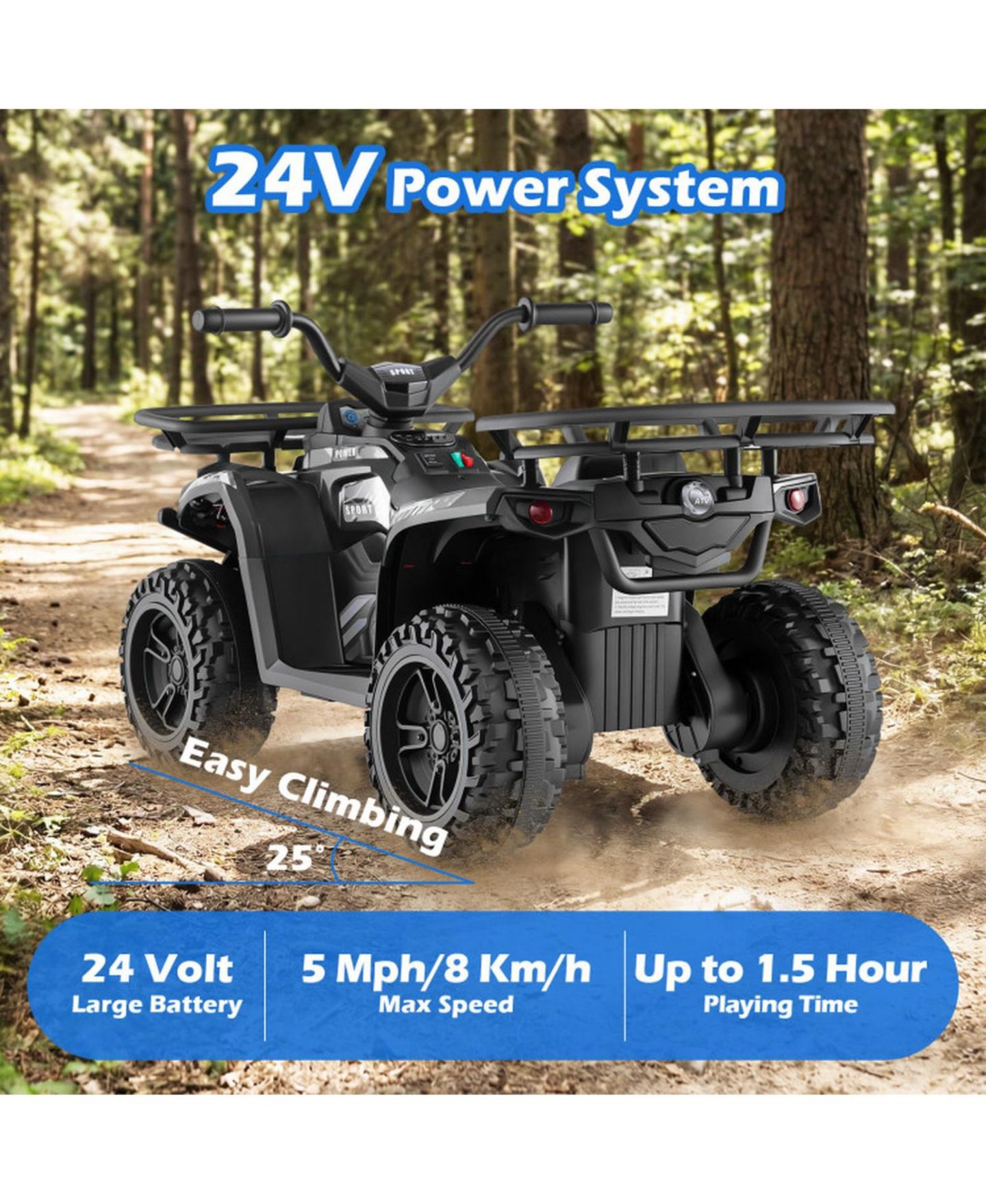 Детская игрушка HONGGE 24V Kids Electric Ride-On Quad ATV, Dual Motors, LED Headlights & Off-Road, 39.5" x 21" x 22", 66 lbs., Ages 3+, цвет: Чёрный — фото 6
