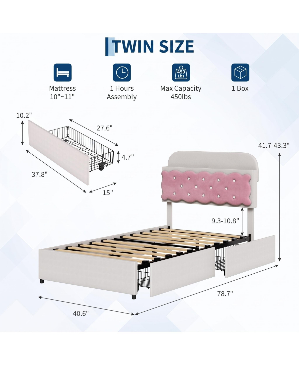 homfan Sandwich Cookie Style Princess Bed Frame, Upholstered with Storage Headboard and 2 Drawers, No Box Spring Needed