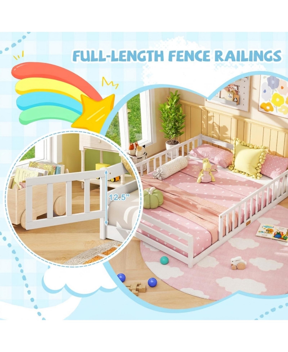 Sugift Queen Size Montessori Floor Bed Frame With Full Length Safety Guardrails For Kids