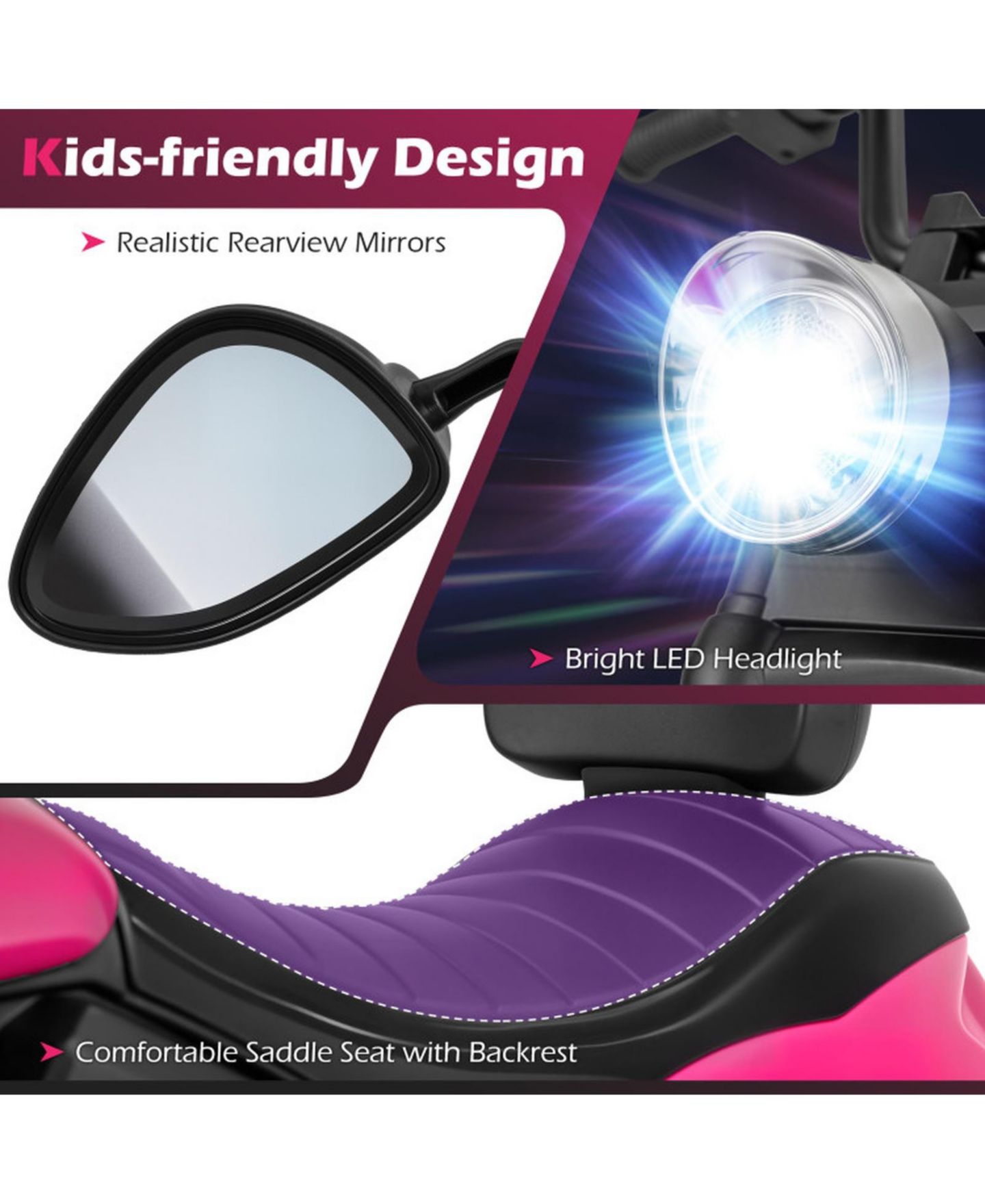 Детская игрушка HONGGE 6V Kids Electric Motorcycle with Headlight and Training Wheels, цвет: Розовый — фото 9