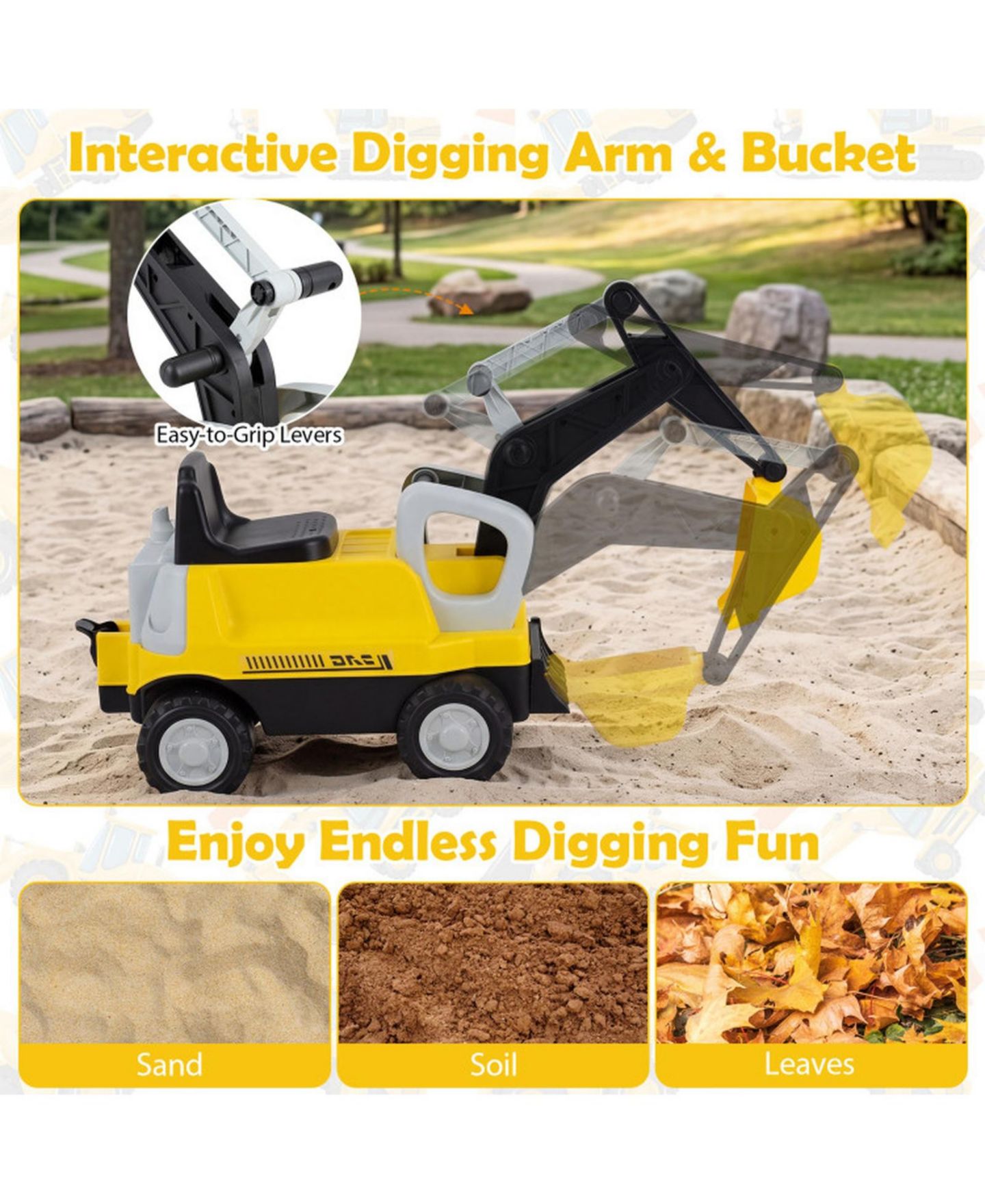 Детская игрушка HONGGE 2-In-1 Foot-to-Floor Ride-On Tractor with Digging Arm and Detachable Trailer, 50"L x 13"W x 23"H, 55 lb. Capacity, Ages 3+, цвет: Жёлтый — фото 6