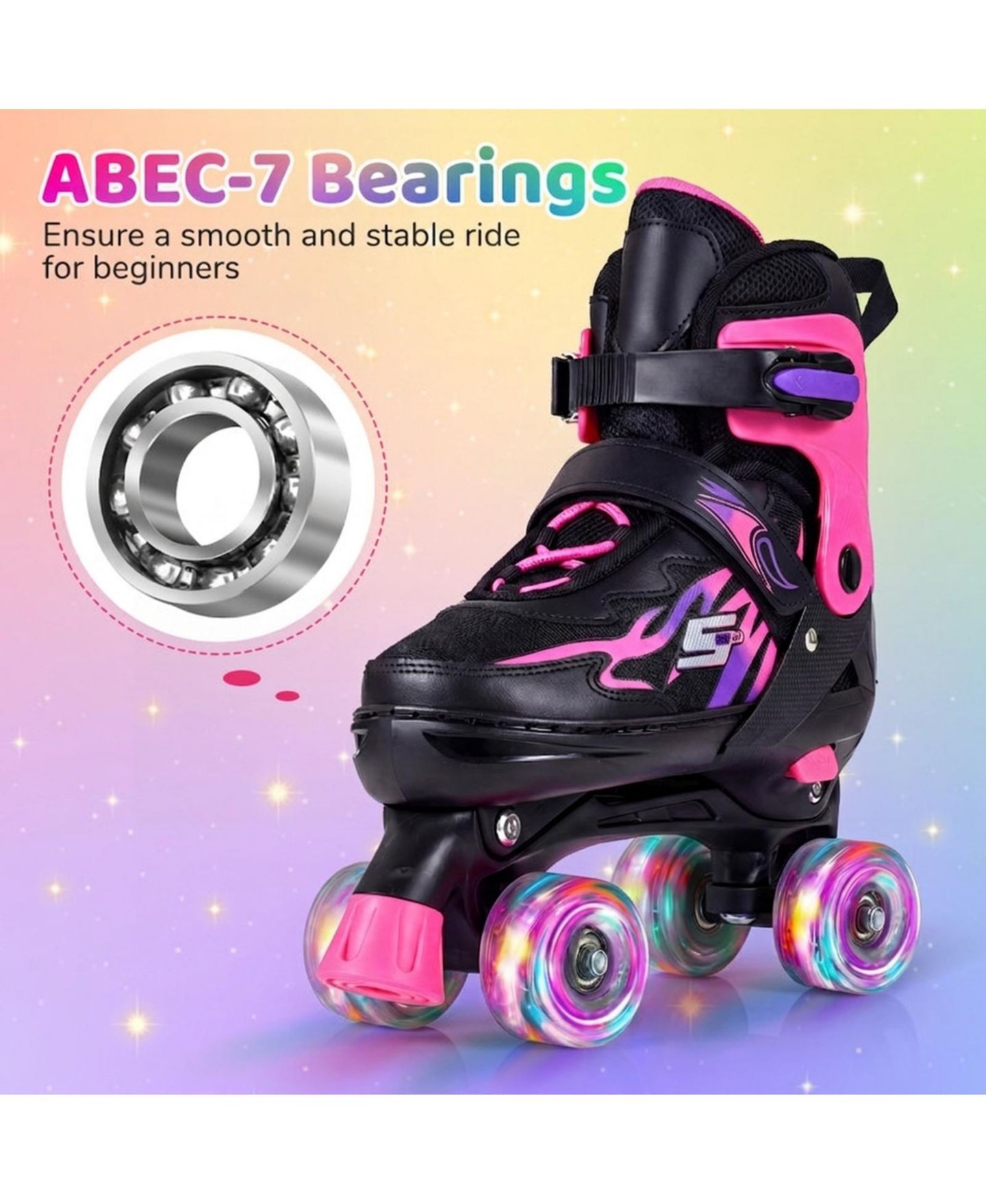 Детские игрушки HONGGE Teen Adjustable Quad Roller Skates with Light-Up Wheels, Ages 9+, цвет: Розовый — фото 5