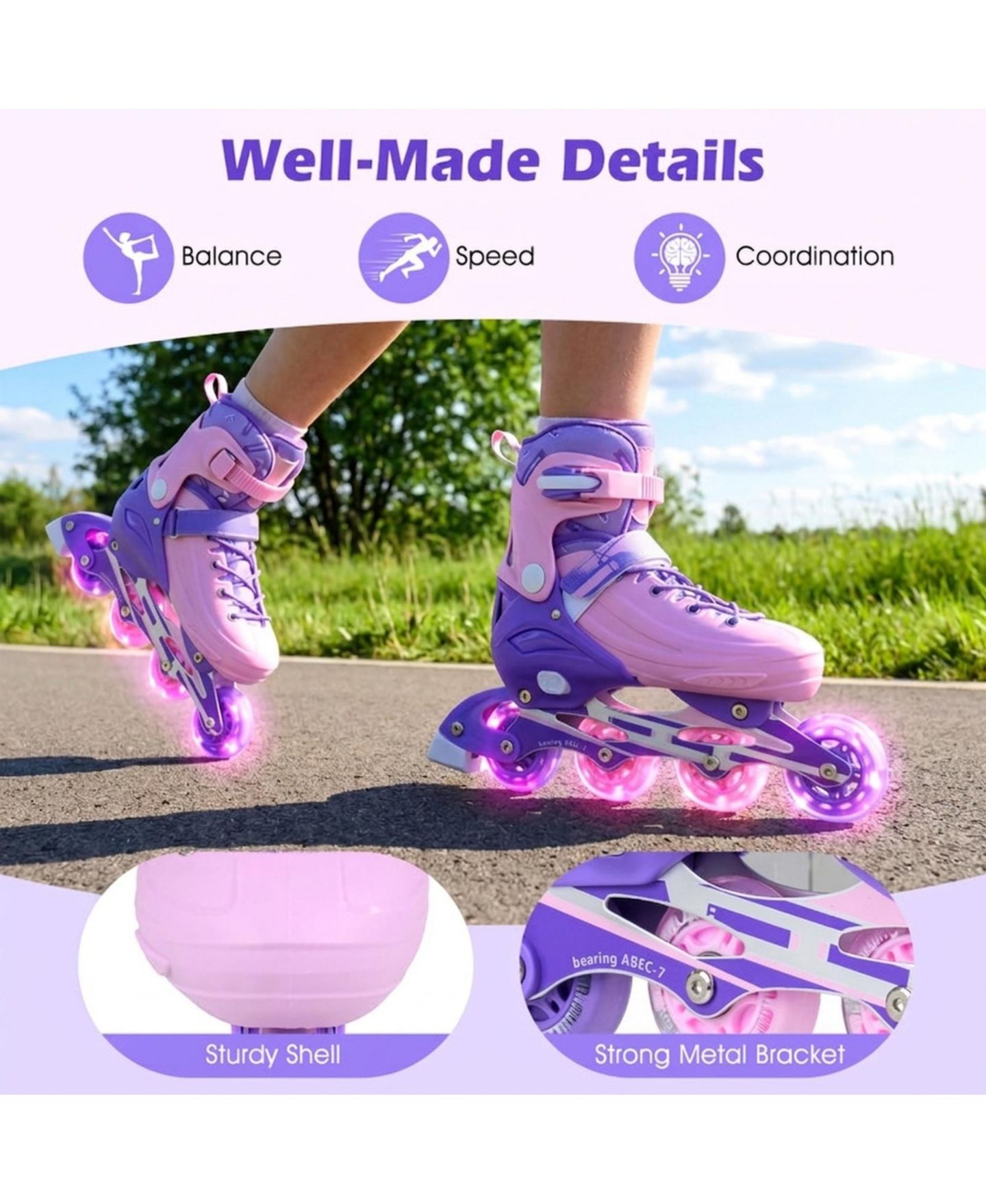 Детские игрушки HONGGE Adjustable Light-Up Kids Inline Skates, Ages 7+, цвет: Фиолетовый — фото 4