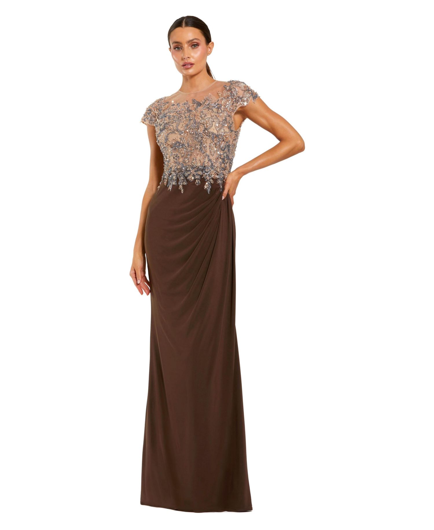 Women's Petite Crystal-Embellished Illusion-Neck Evening Gown