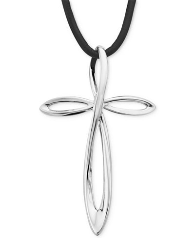 Nambé Cross Pendant Necklace in Sterling Silver and Black Leather, Only at Macy's