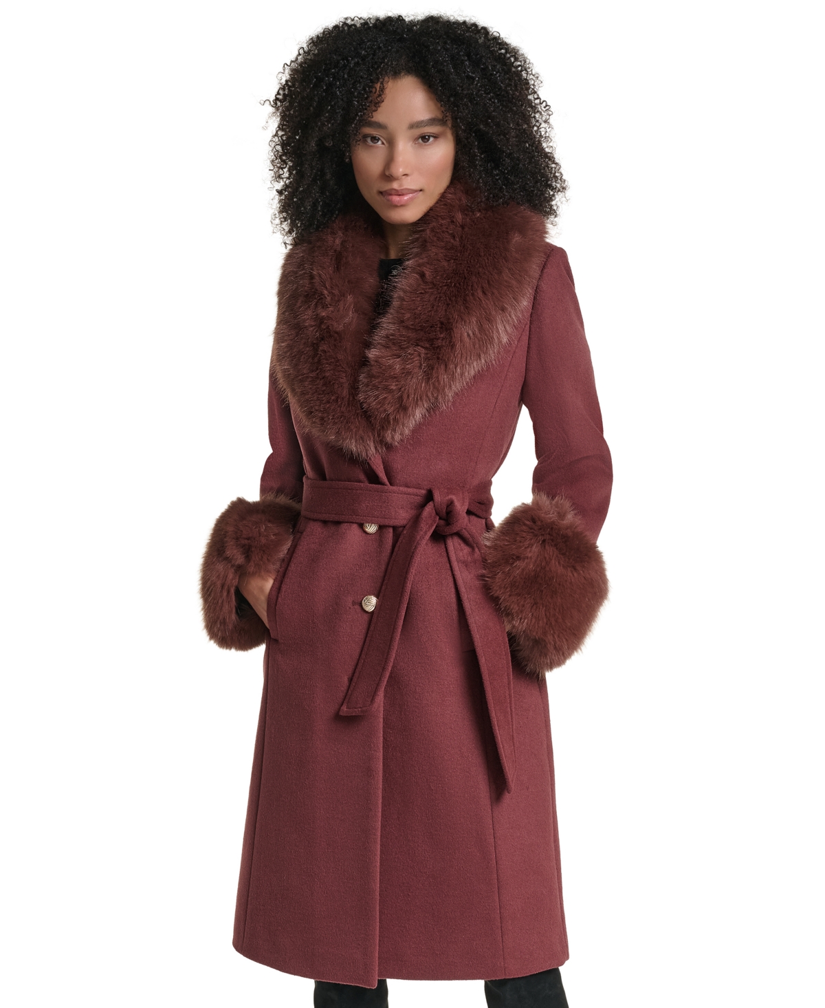 Karl Lagerfeld Paris Women's Fur Trimmed Single Breasted Long Wool Coat - Henna