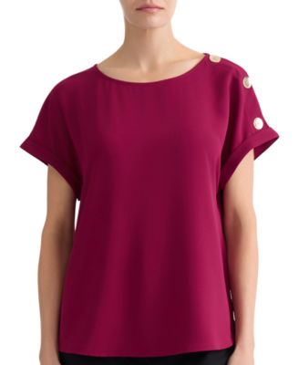 Petite Shoulder-Button-Detail Short-Sleeve Boat-Neck Blouse