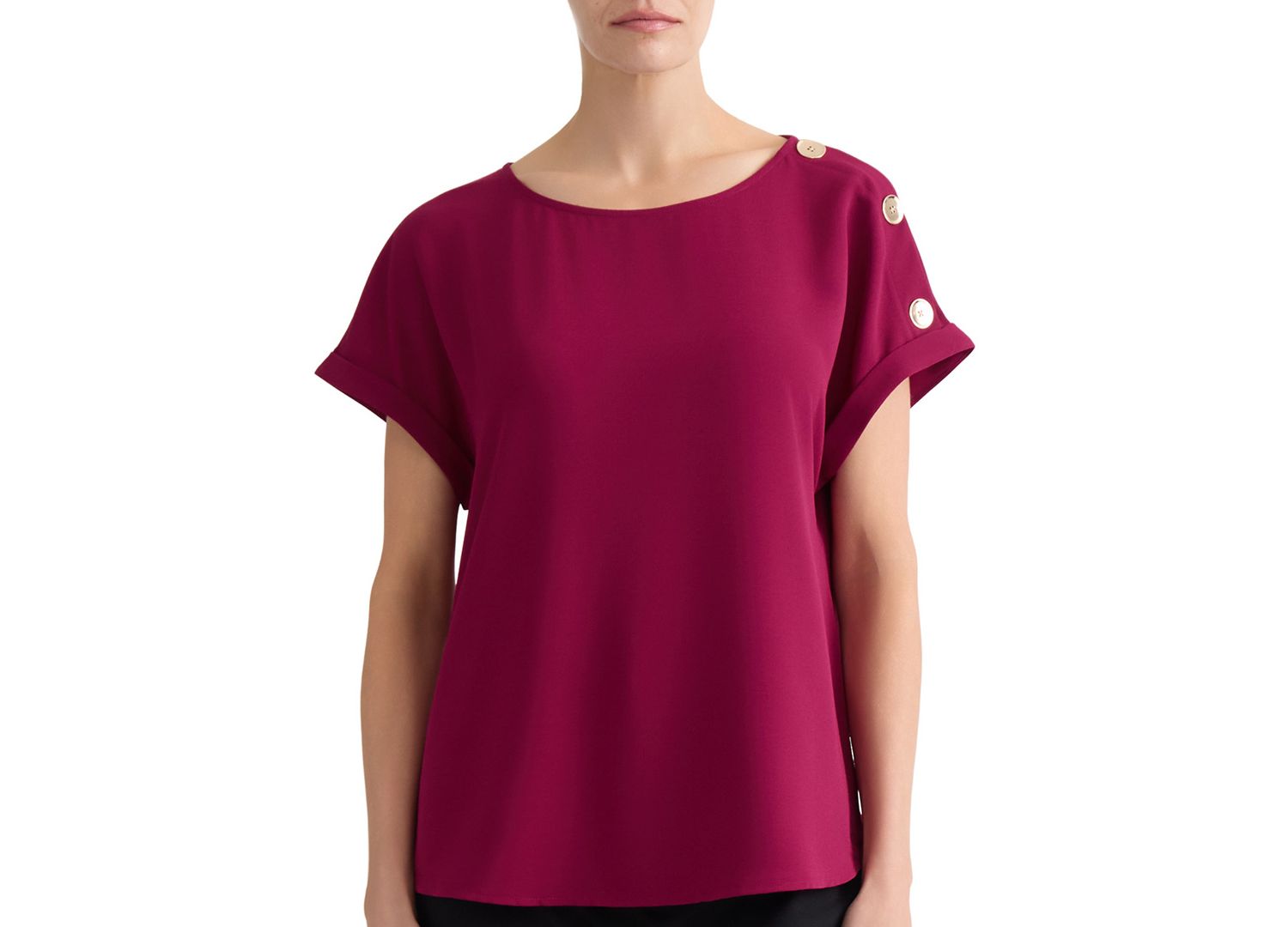 Petite Shoulder-Button-Detail Boat-Neck Short-Sleeve Blouse