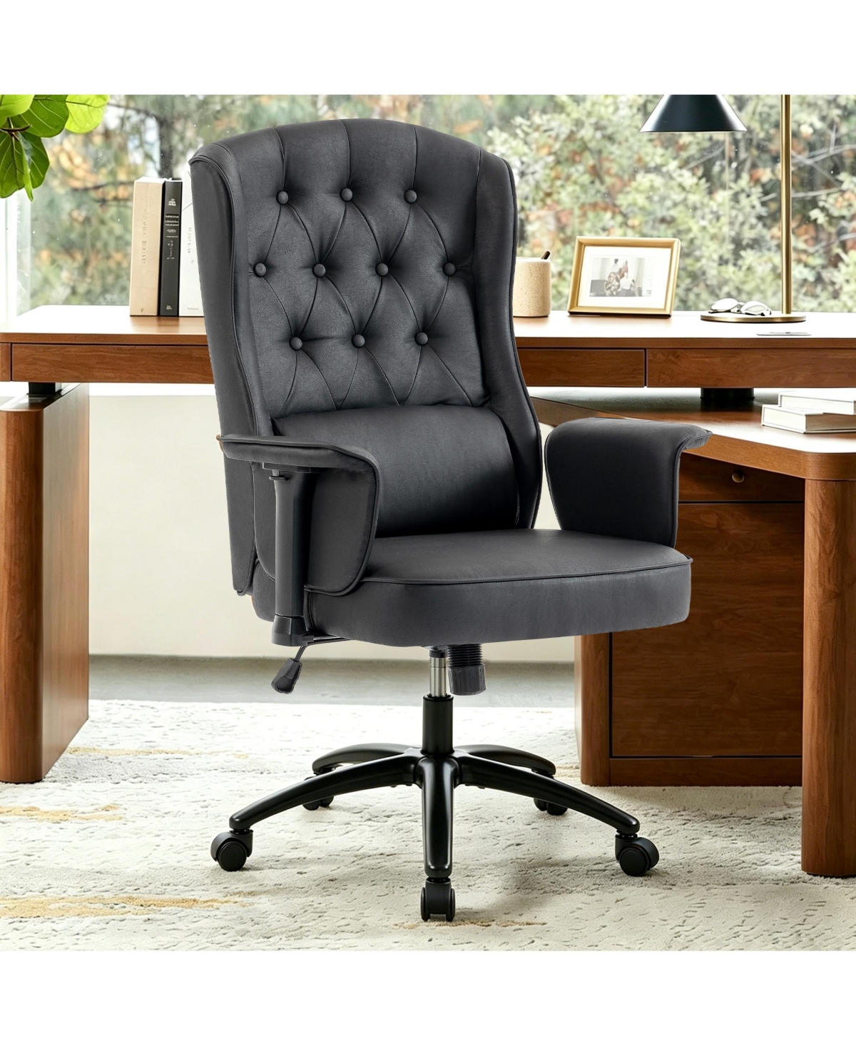 Dyhome Traditional Faux Leather Executive Office Chair with Adjustable Armrests and Lumbar Pillow