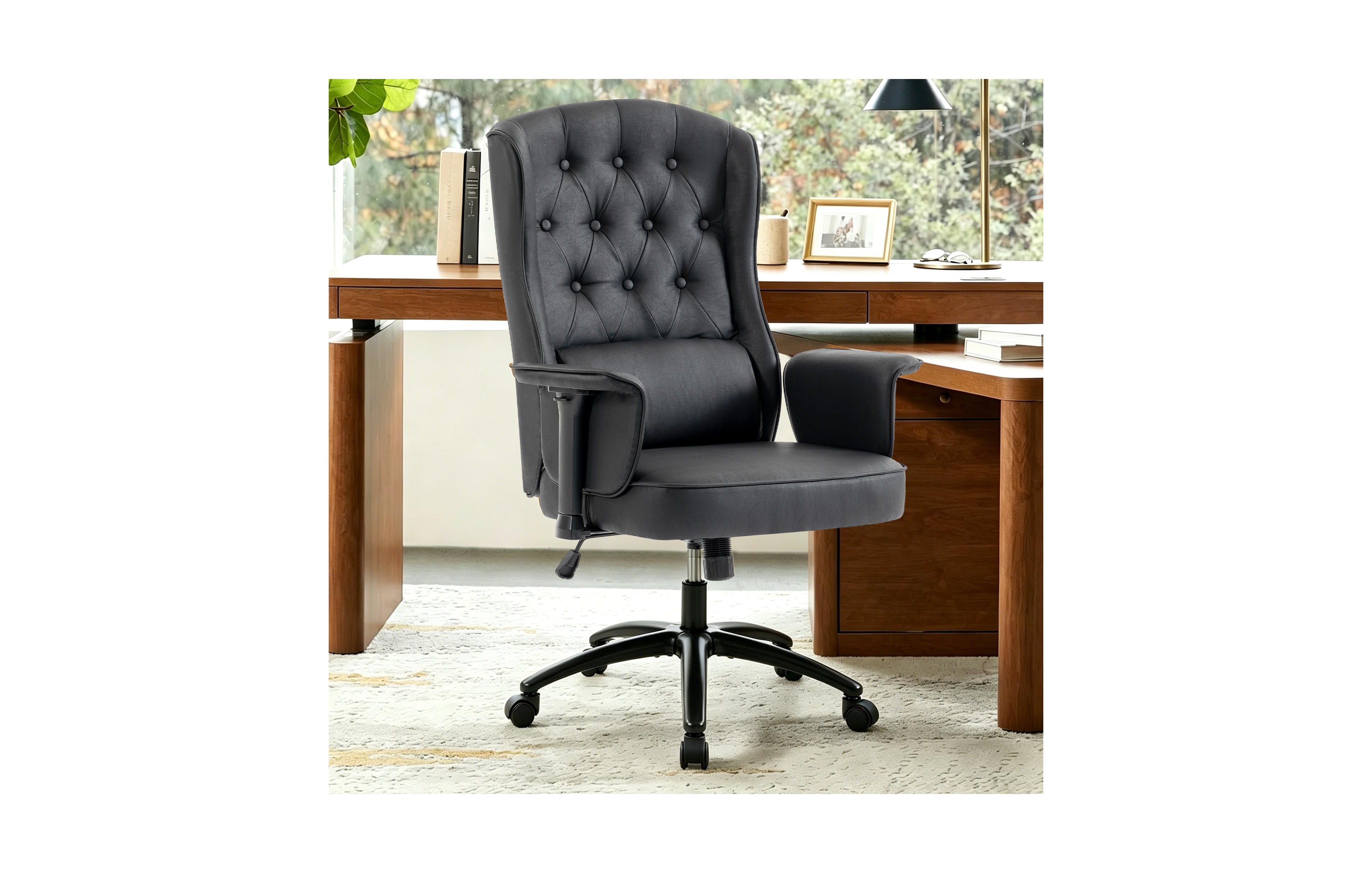 Dyhome Traditional Faux Leather Executive Office Chair with Adjustable Armrests and Lumbar Pillow