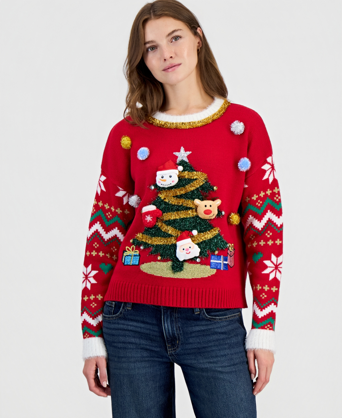 Hooked Up by Iot Juniors' 3D Plush Fair Isle Christmas Sweater