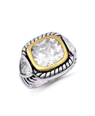 Two-Tone Square Trillion Cubic Zirconia and Oxidized Accents Statement Ring