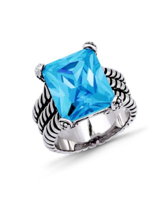 Emerald Cut Cubic Zirconia Center Stone Oxidized Twist Rope Band Statement Ring