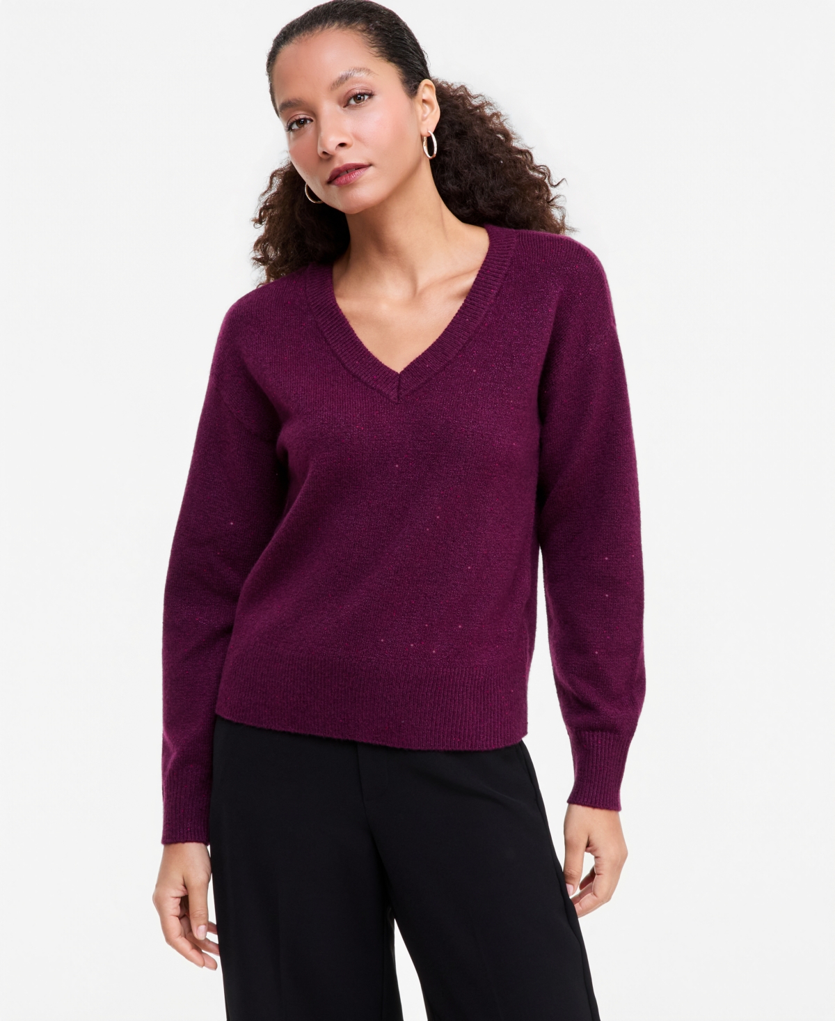 Inc International Concepts Women's Roving Sequin Long-sleeve Loose-fit Sweater, Macy's Exclusive In Berry Wine