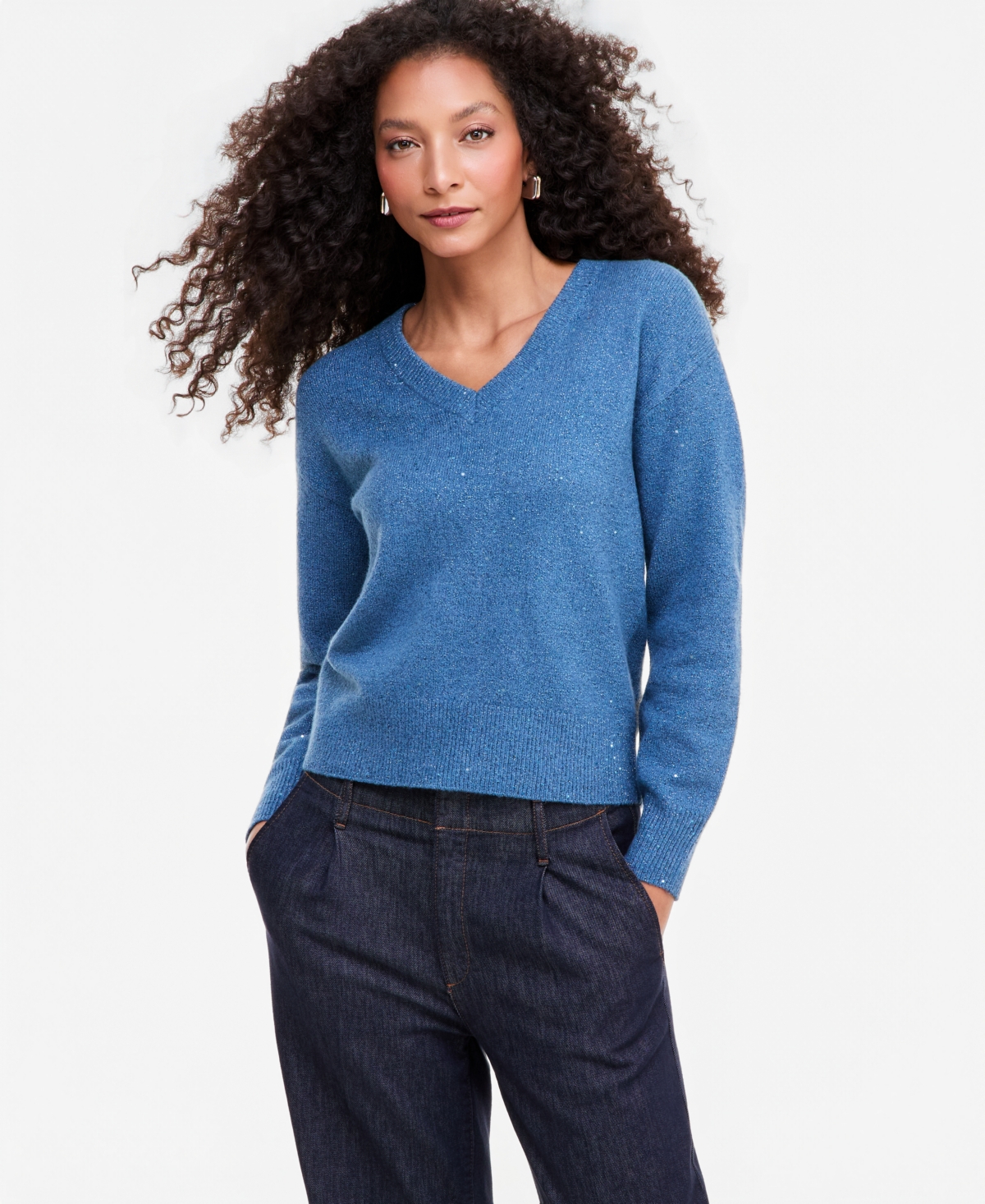Inc International Concepts Women's Roving Sequin Long-sleeve Loose-fit Sweater, Macy's Exclusive In Blue Ash