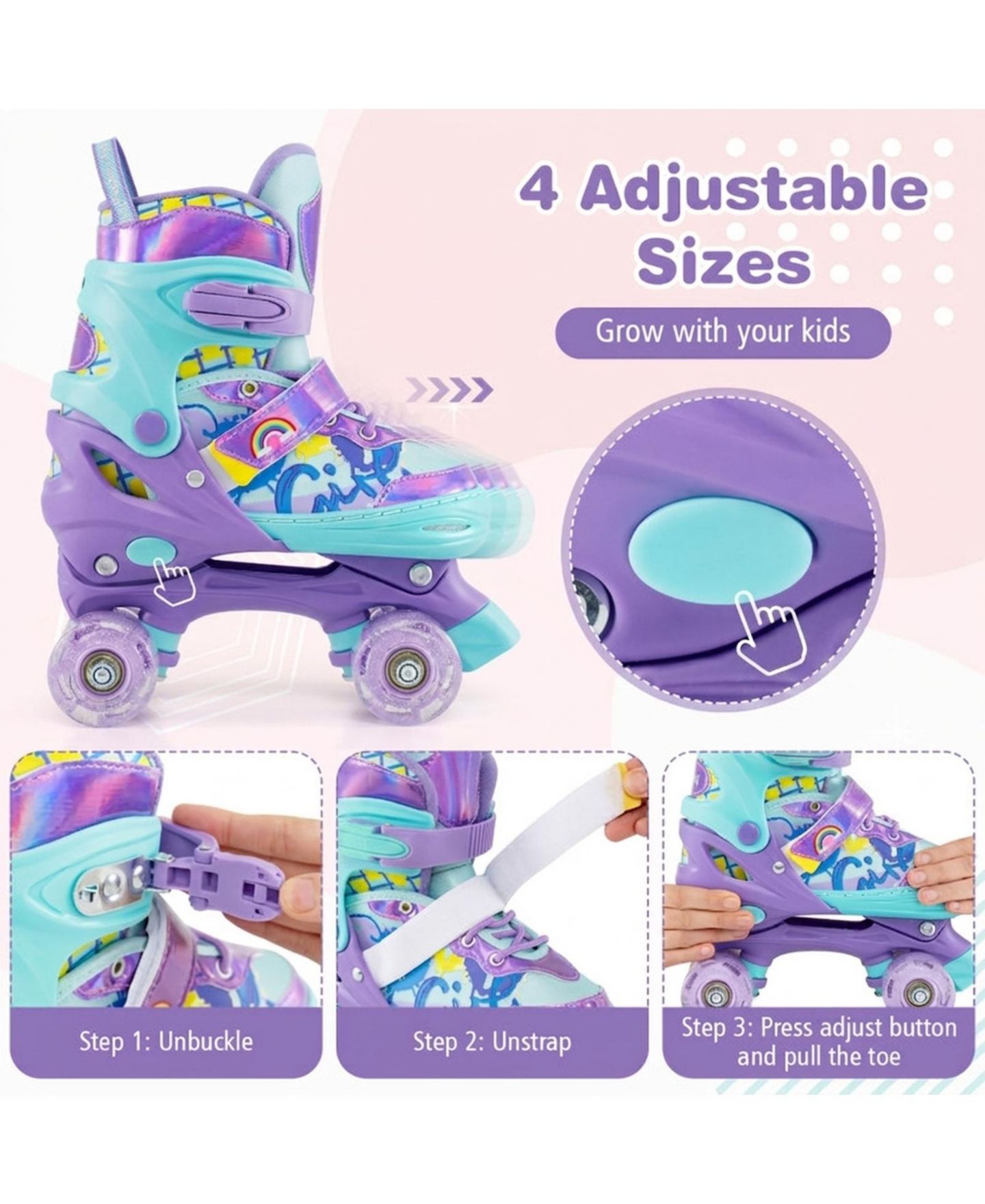 Детские игрушки HONGGE 4-Size Adjustable Light-Up Wheels Kids Roller Skates, Ages 7+, цвет: Фиолетовый — фото 7