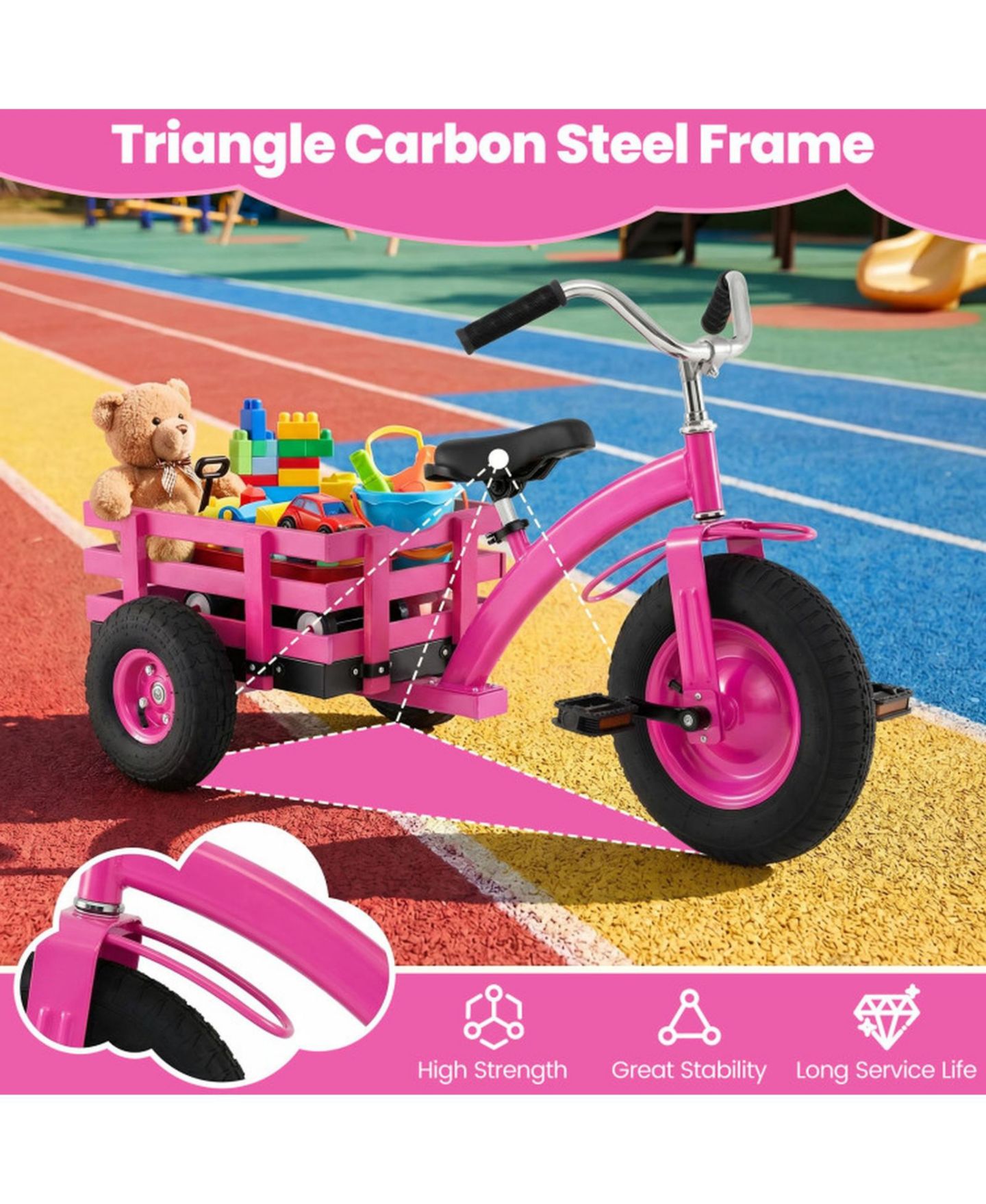 Детская игрушка HONGGE Kids Tricycle with Inflatable Rubber Tires and Wooden Basket, 200 lbs Capacity, Ages 3+, цвет: Розовый — фото 7