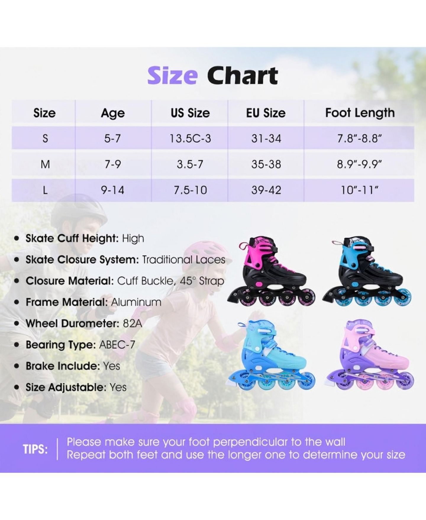 Детские игрушки HONGGE Light-Up Adjustable Inline Skates, Sizes 13.5C-3, Ages 5-7, цвет: Фиолетовый — фото 3