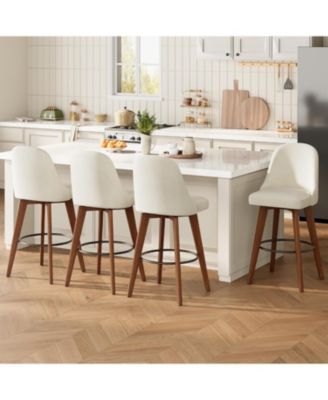 Set of 4 White Linen 360degree(s) Swivel Counter Stools with Wood Legs and Back, 26" Seat Height