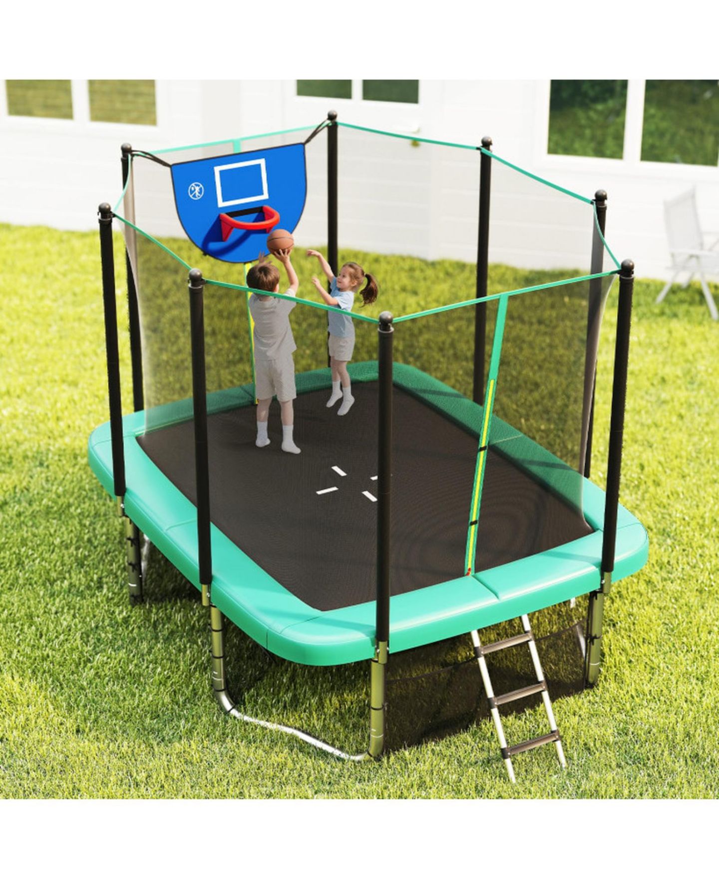 Детская игрушка HONGGE Rectangle 10 x 8 Trampoline with Basketball Hoop and Soccer Goal, Ages 3+, цвет: Зелёный — фото 10