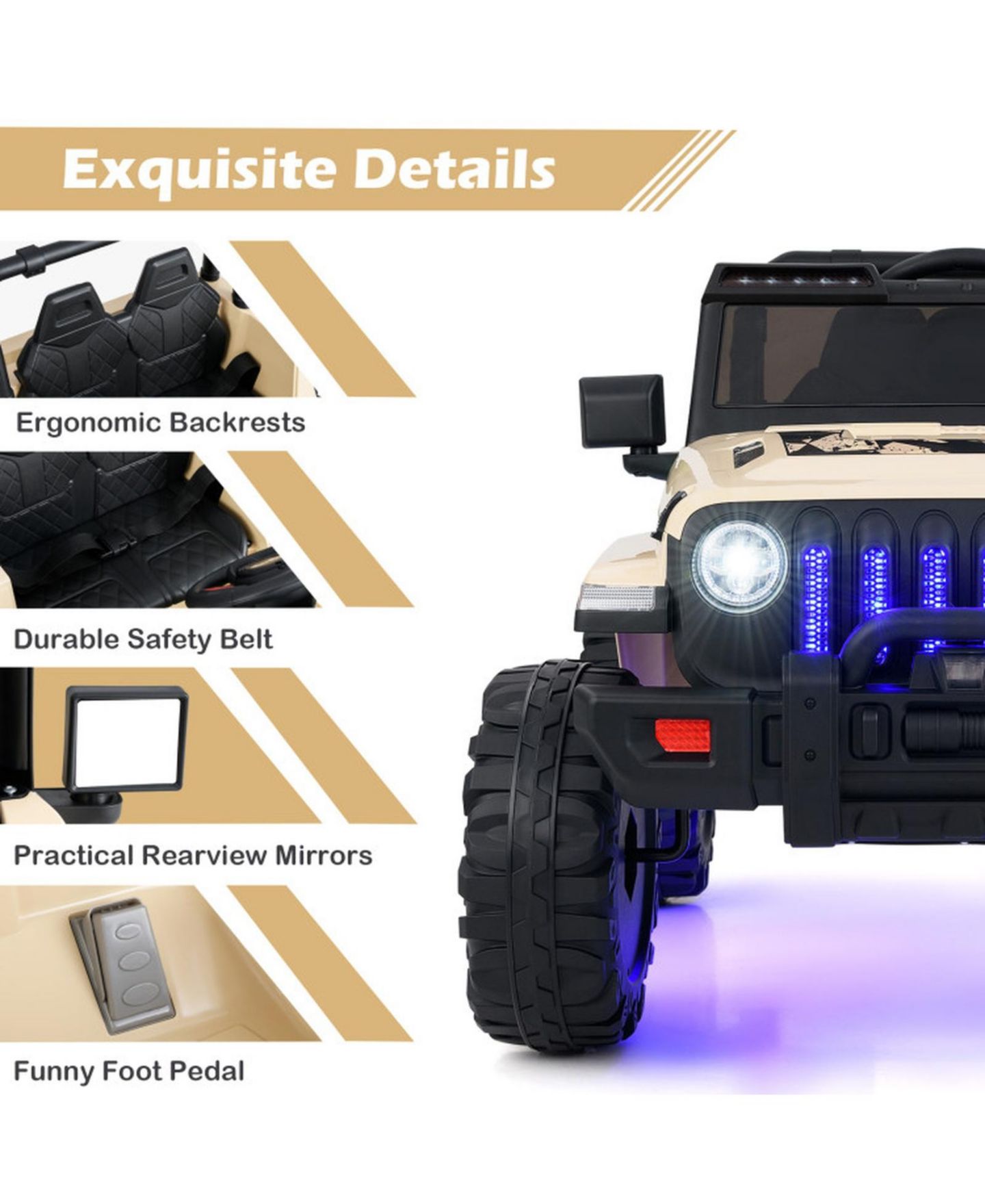 Детская игрушка HONGGE 12V Kids Ride-On Jeep Car with Parental Remote Control and LED Lights, 44"L x 30"W x 26.5"H, 77 lbs, Ages 3+, цвет: Натуральный — фото 6