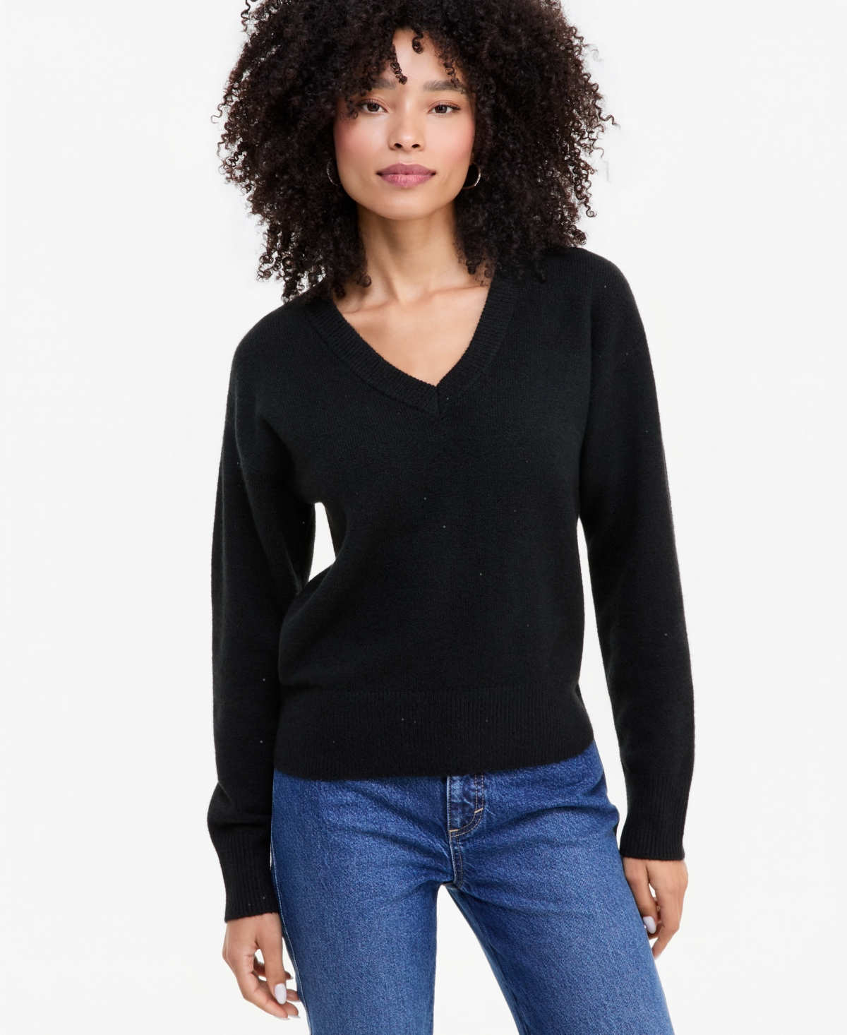 Inc International Concepts Women's Roving Sequin Long-sleeve Loose-fit Sweater, Macy's Exclusive In Deep Black