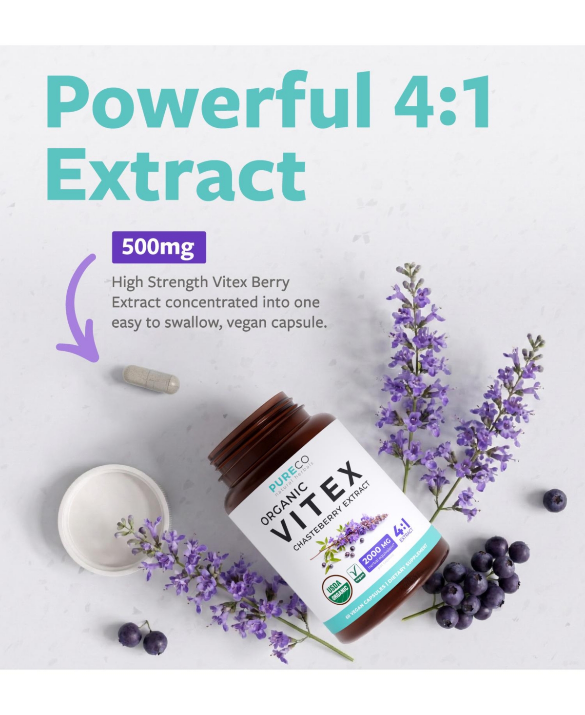 Pure Co Vitex Chasteberry Supplement for Women - High Strength Chaste Tree Berry Extract for Hormone Balance from Pms to Menopause