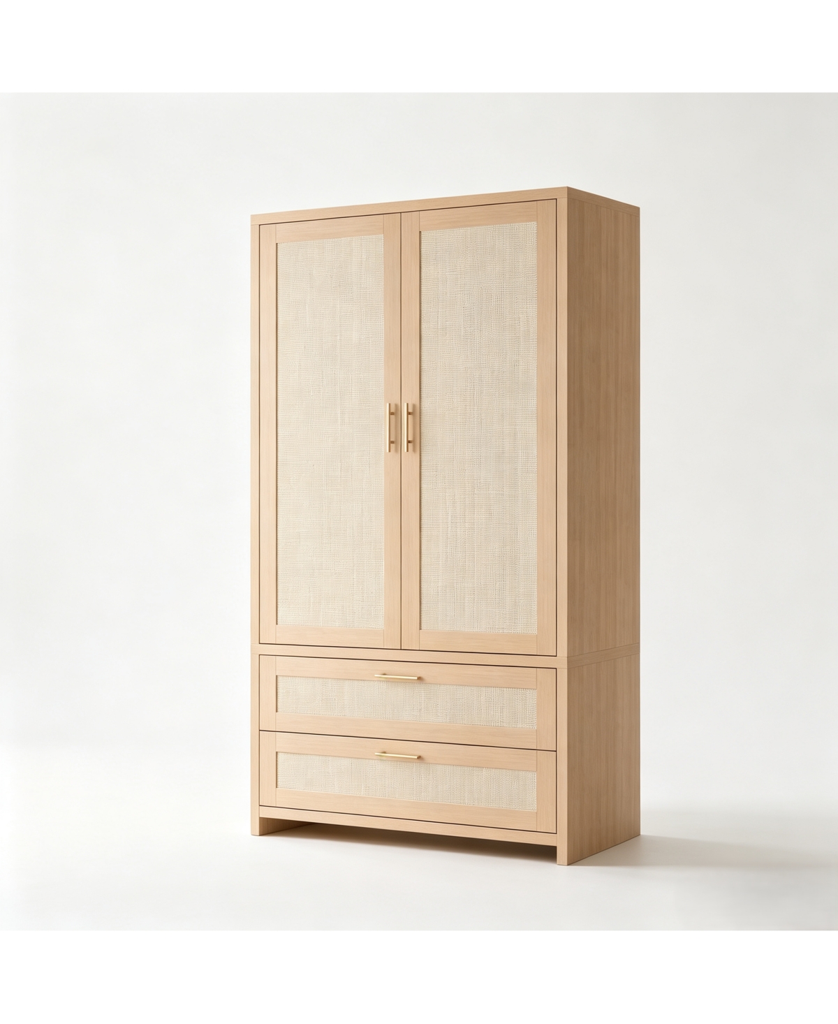homfan 71" Tall Boho Rattan Wardrobe with Hanging Rod and Drawers,Light Oak Finish