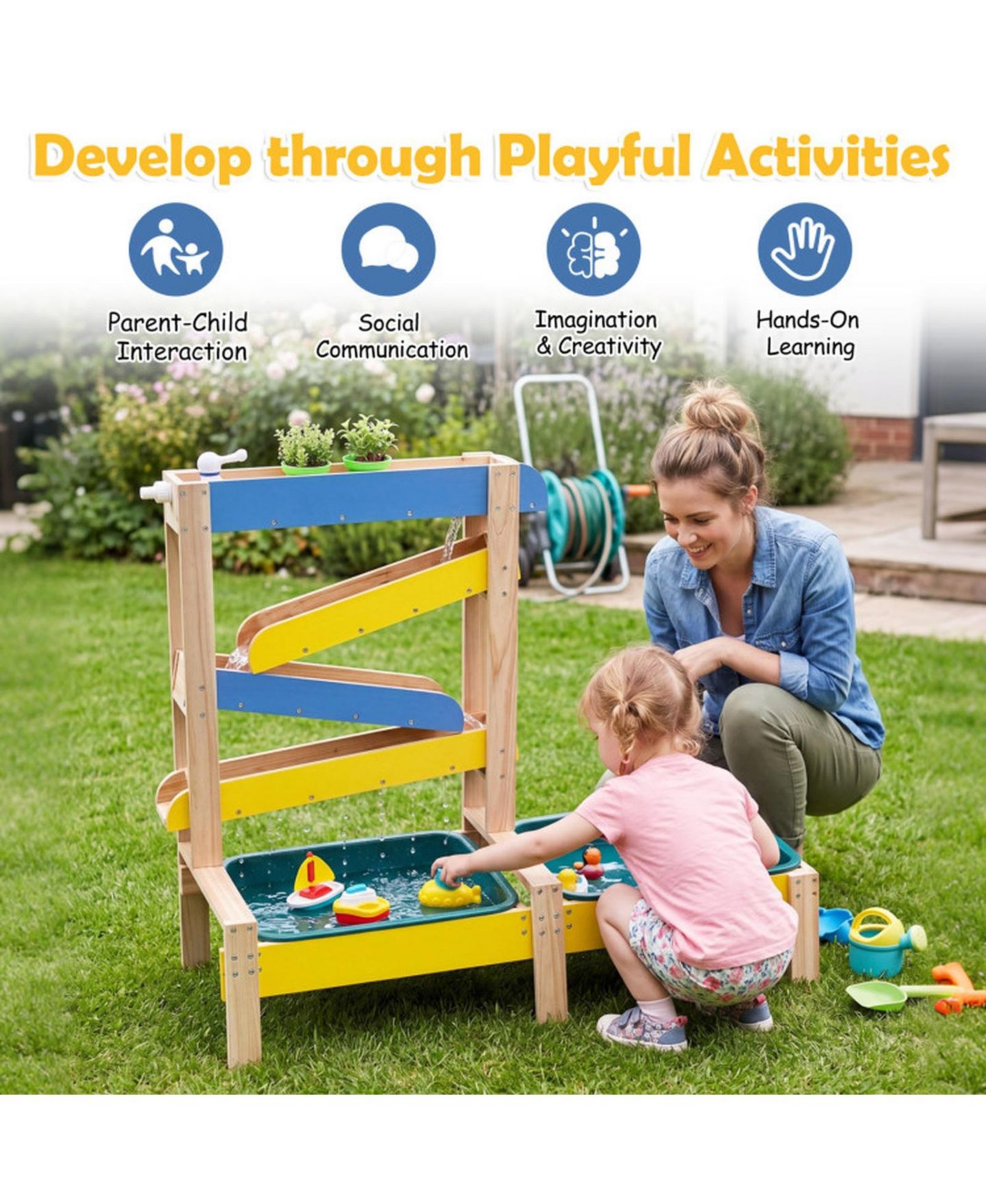 Детская игрушка HONGGE 3-in-1 Toddler Splinter-Free Fir Wood Dual-Basin Sand and Water Table, Ages 3+, цвет: Натуральный — фото 7