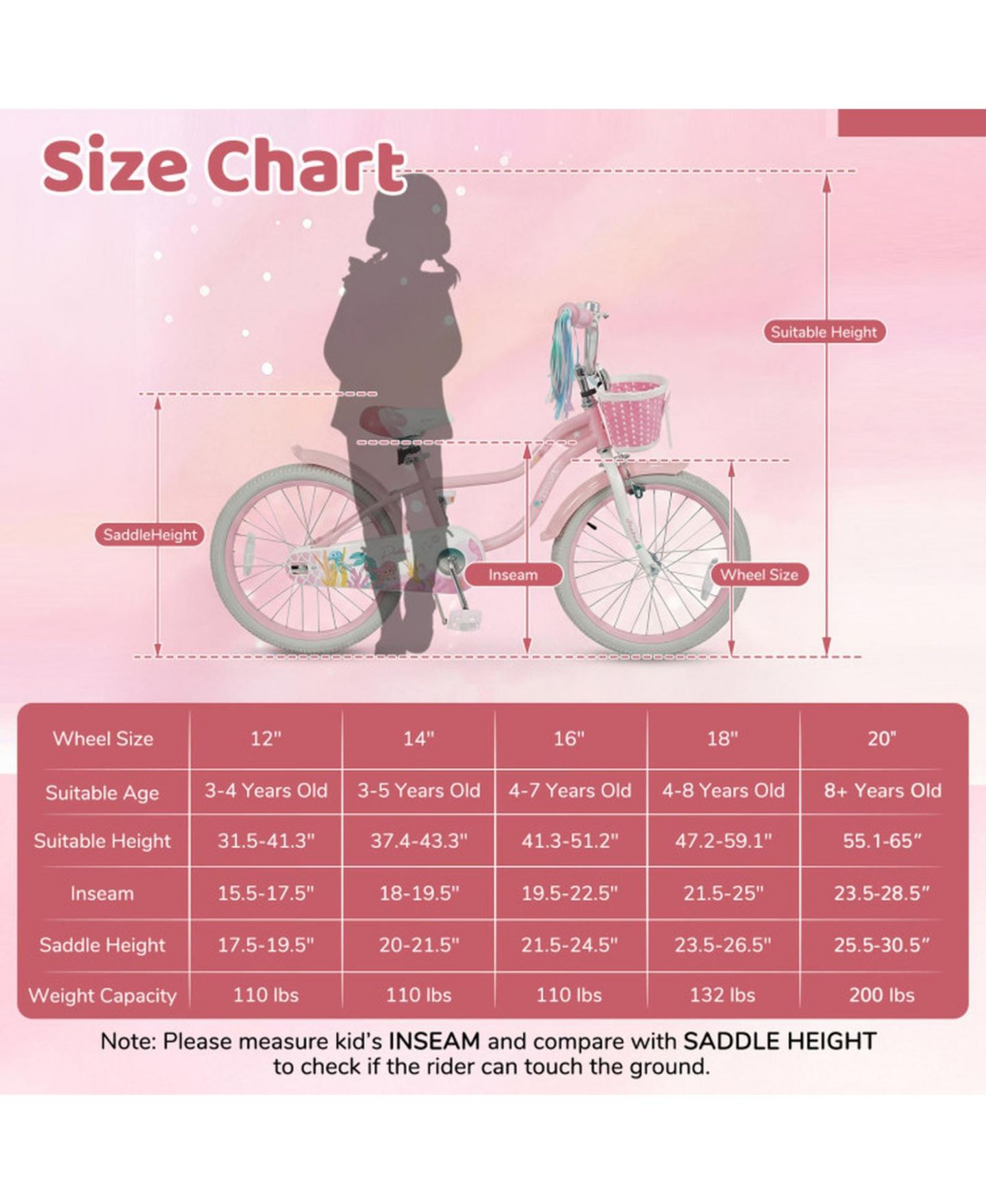 Детская игрушка HONGGE 20-Inch Mermaid Girls Bike with Dual Brakes and Front Basket, Ages 8+, цвет: Розовый — фото 3