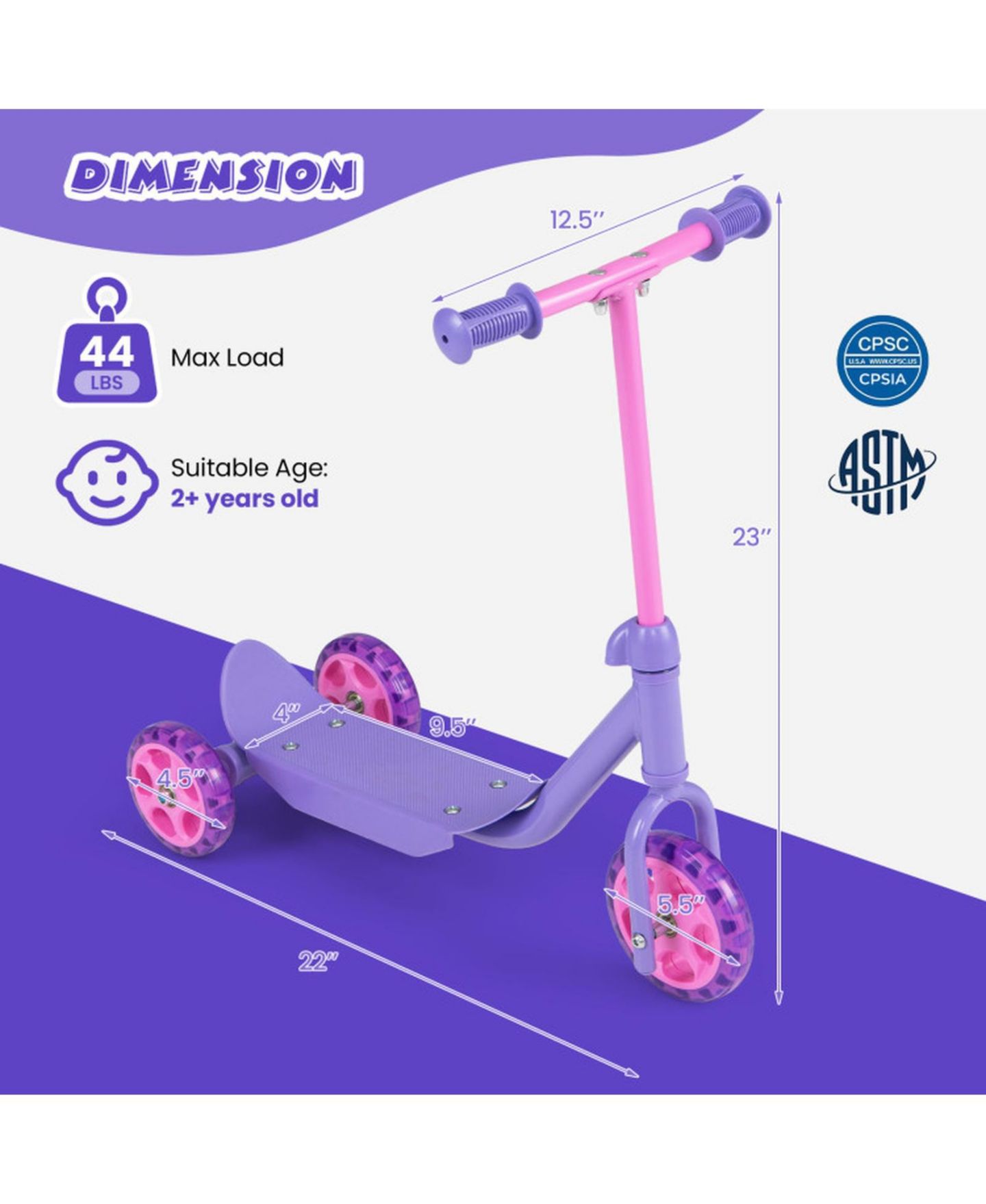 Детская игрушка HONGGE 3-Wheel Kids Scooter with LED Light-Up Wheels, Ages 2+, цвет: Фиолетовый — фото 3