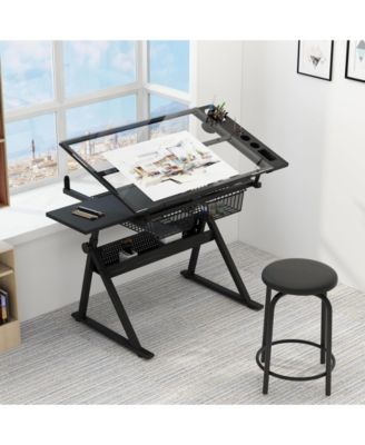 Height Adjustable Drafting Table with Stool, Tilting Glass Top Art Desk with 2 Drawers