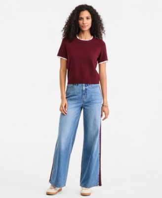 Women's High-Waisted Wide-Leg Suede Side-Stripe Jeans, Regular & Short
