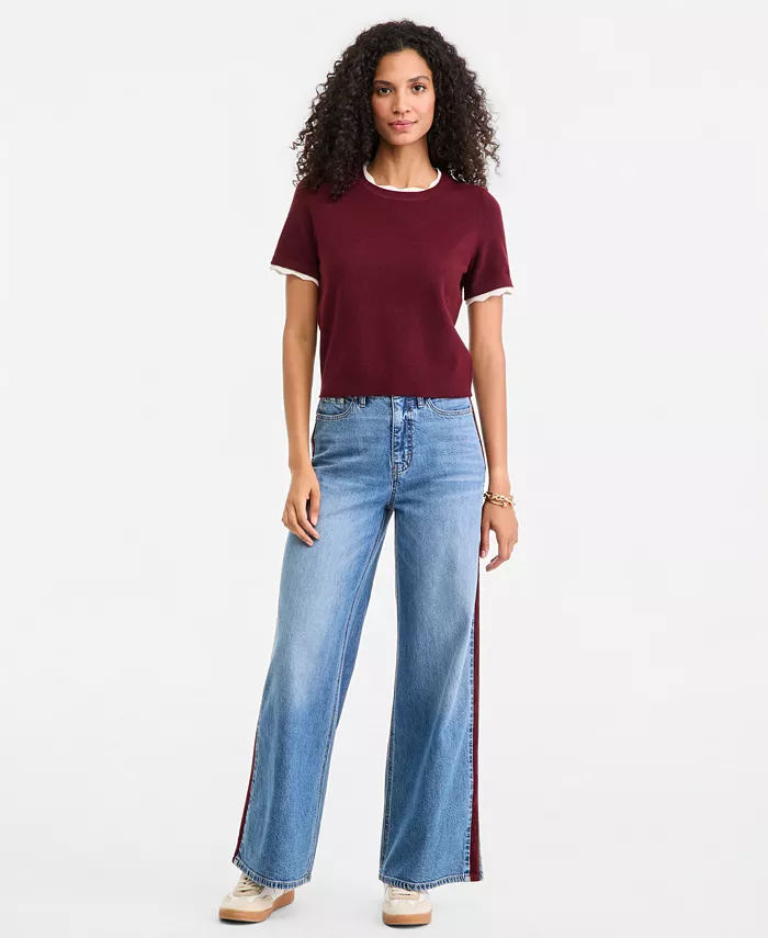 Women's High-Waisted Wide-Leg Suede Side-Stripe Jeans, Regular & Short