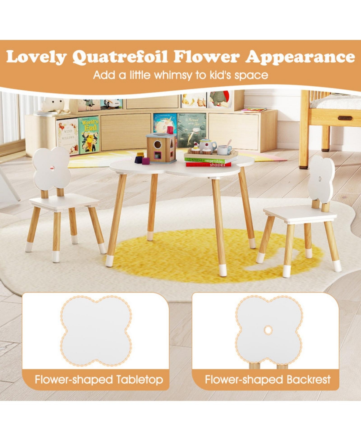 Sugift Flower-Shaped Kids Table and 2-Chair Set with Solid Pine Wood Legs