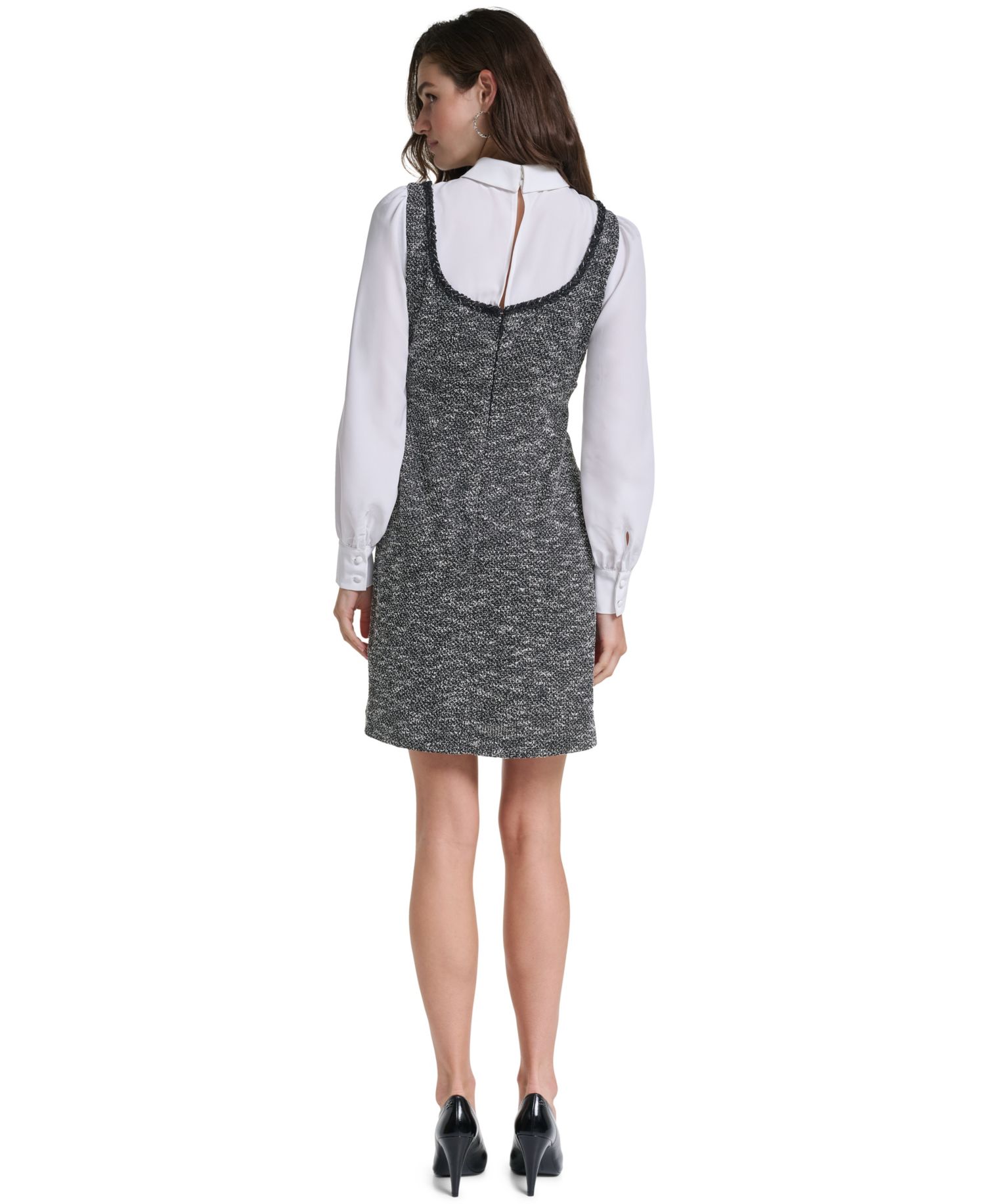 Women's Two-Tone Tweed Collared Long-Sleeve Shift Dress