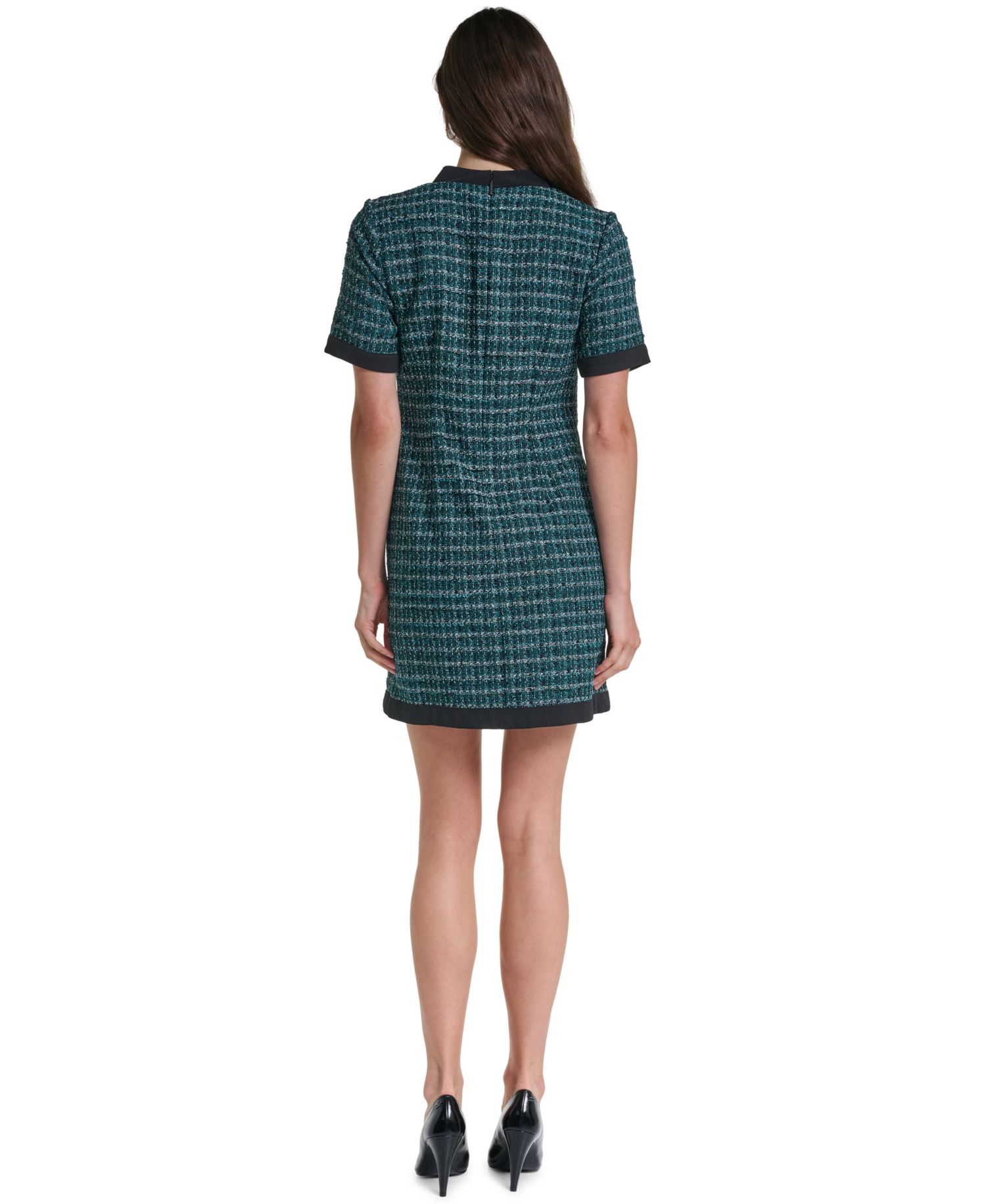 Women's Tweed A-Line With Neck Tie Plaid Short-Sleeve Dress
